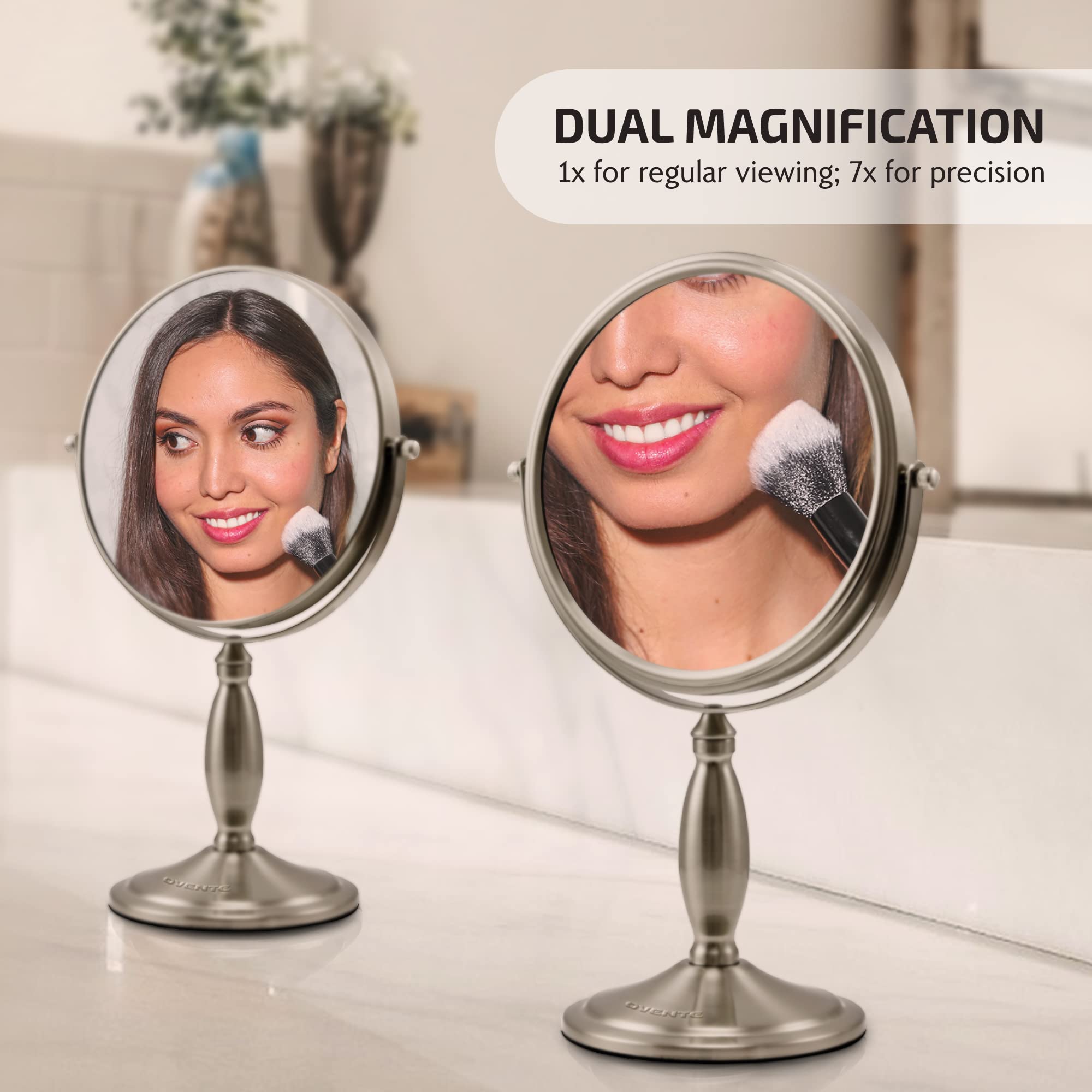 OVENTE 8-Inch Double-Sided Vanity Mirror with 1X & 7X Magnification - 360° Swivel Stand, Brushed Nickel Finish - Perfect for Makeup, Skincare, Grooming at Home, Office or Travel