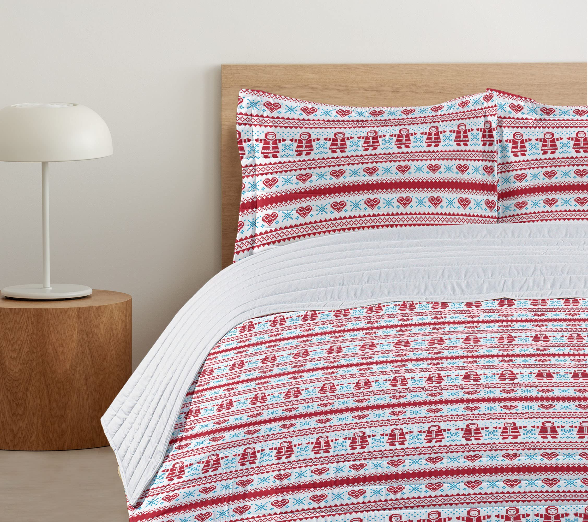 Ambesonne Nordic Microfiber Bedspread Set - Christmas Winter Scandinavian Design with European Motifs, Soft King Size Bedding Set Includes Pillow Shams & Comforter in Red Sky Blue White - Perfect for Holiday Decor & Cozy Winter Bedrooms