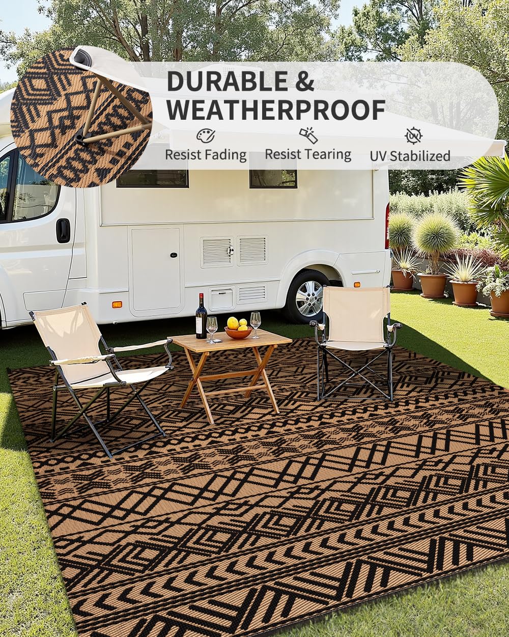 MontVoo 5x8 ft Waterproof Reversible Outdoor Rug - Durable Plastic Straw Patio Carpet for RV, Camping, Deck, Balcony, Picnic & Beach | Indoor/Outdoor Boho Decor in Black & Brown | Perfect for Patio Furniture, Backyard Gatherings & Coastal Themed Spaces
