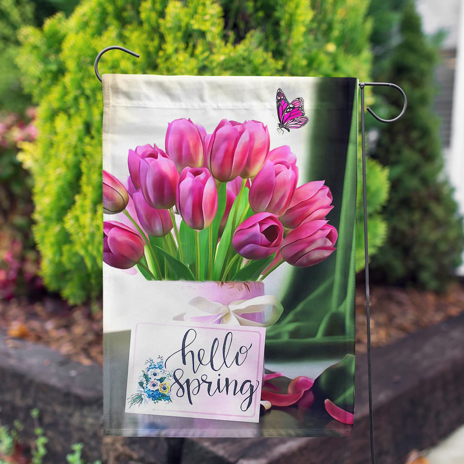 America Forever Hello Spring Garden Flag - 12.5 x 18 Inches Double Sided Outdoor Decoration with Tulips & Butterflies Design - Perfect for Spring Yard Decor, Front Porch Display & Seasonal Holiday Celebrations