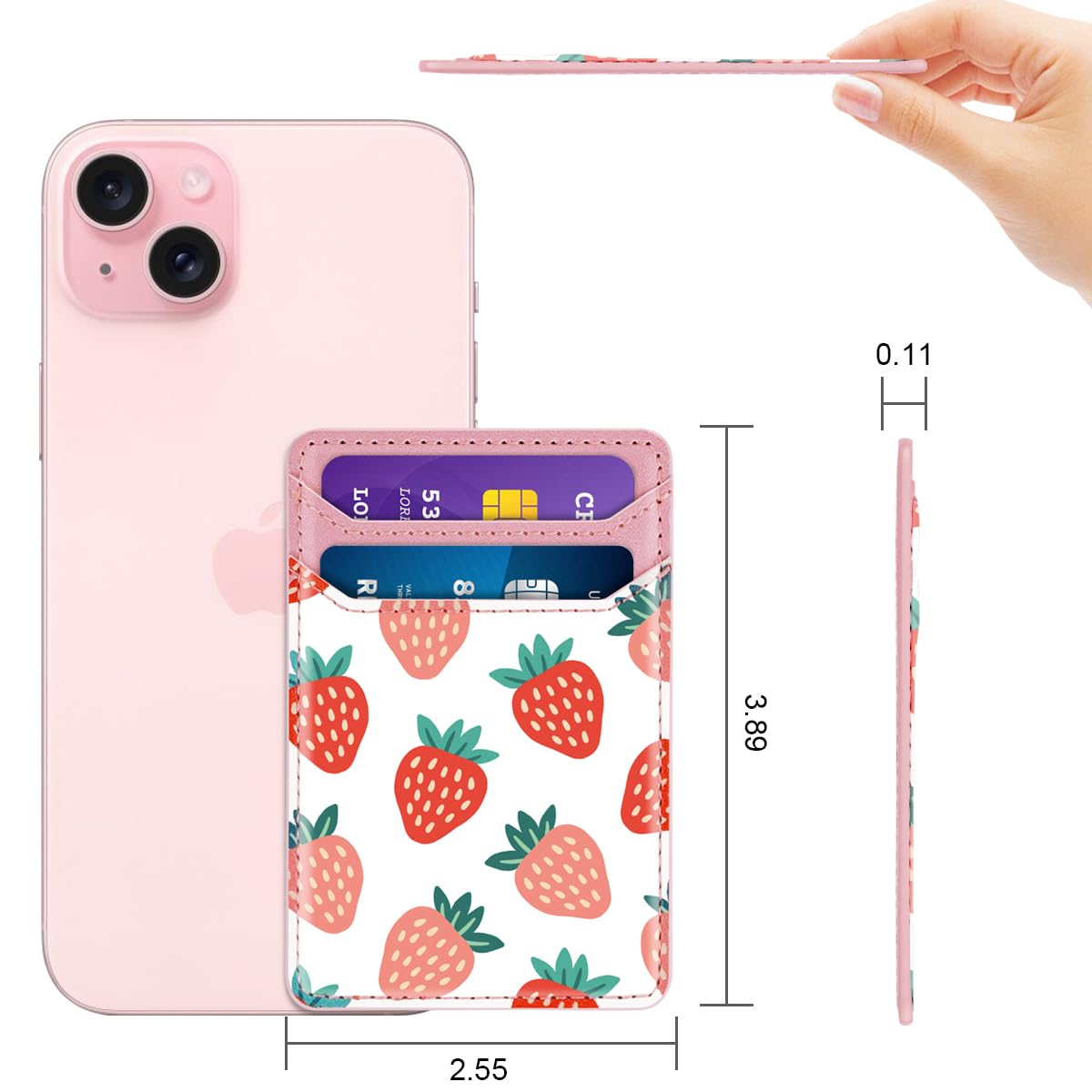 Self Adhesive Phone Card Holder - Leather RFID Blocking Wallet Pocket for iPhone & Samsung - Stick On Credit Card Sleeve for Phone Case (Strawberry Design) - Perfect for Contactless Payments & On-the-Go Convenience