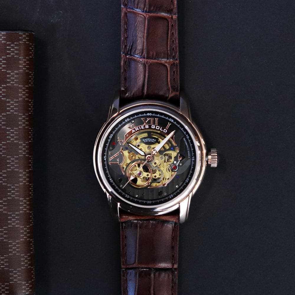 ARIES GOLD Automatic Infinum El Toro Men's Watch - Stainless Steel Case, Brown Leather Strap, Gold-Tone (G 9005G RG BK) | Luxury Dress Watch for Business, Formal Occasions & Gifts