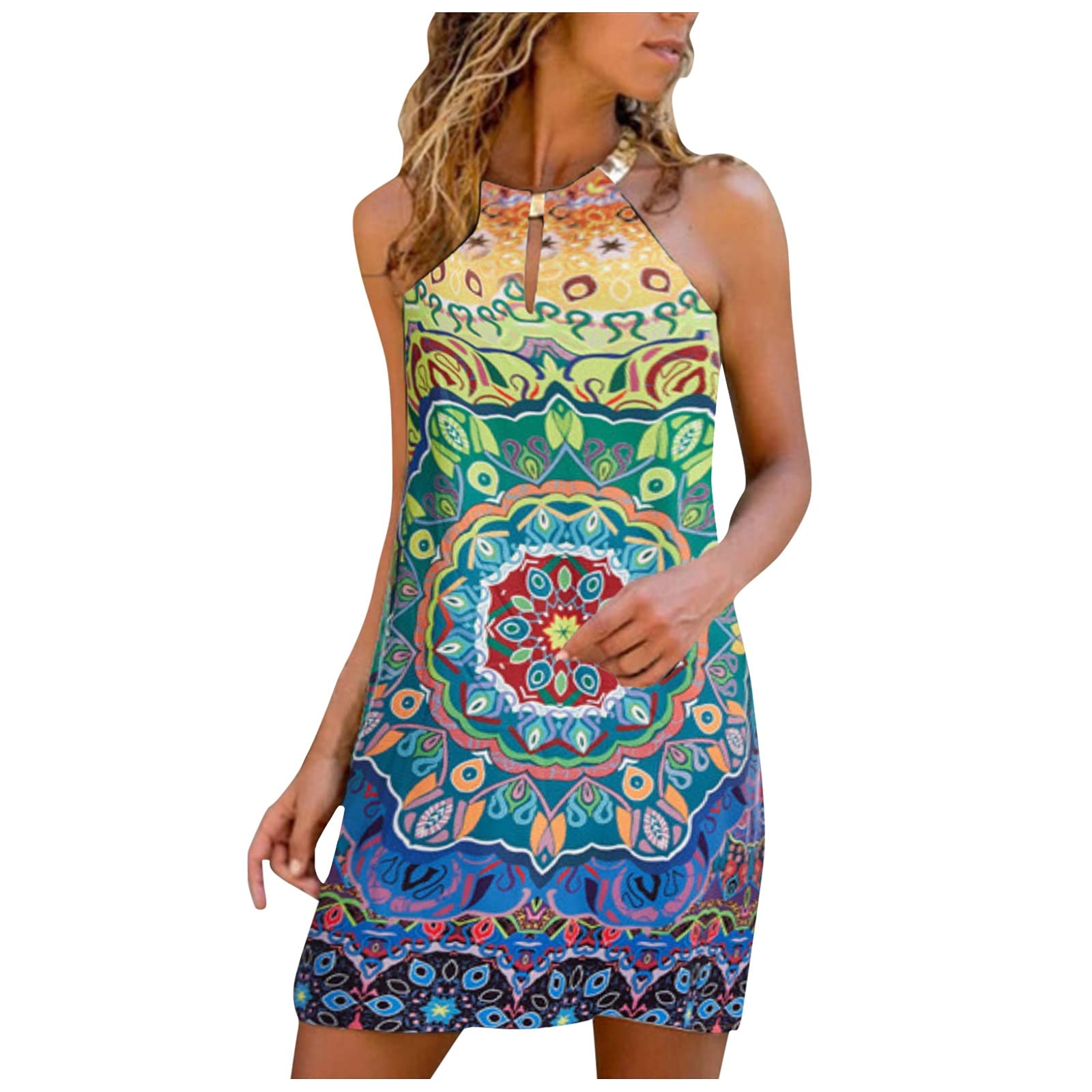 iQKA Women's Summer Casual Sleeveless Halter Neck Mini Sundress - Loose Fit Tank Dress for Beach, Vacation & Outdoor Activities