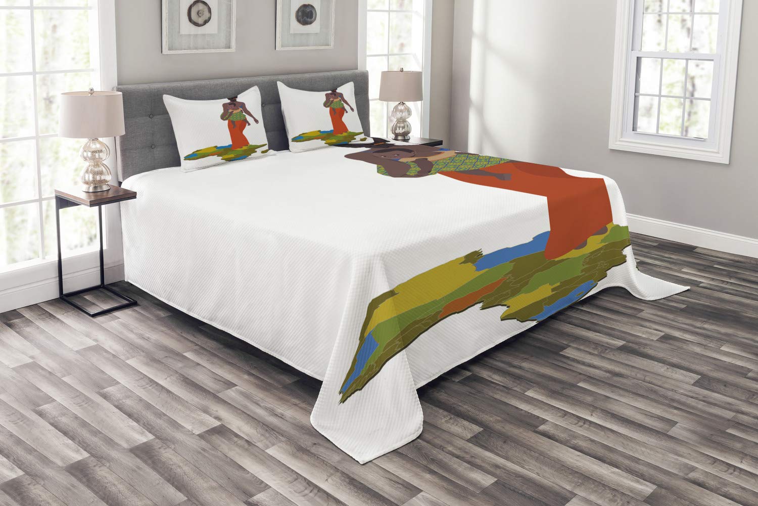 Ambesonne African Bedspread Set - 3 Piece Decorative Bedding with 2 Pillow Shams, King Size, Multicolor Continent Map Design (Mother Carrying Child Motif) | Perfect for Ethnic Home Decor, Cultural Bedroom Themes & Unique Gift Ideas
