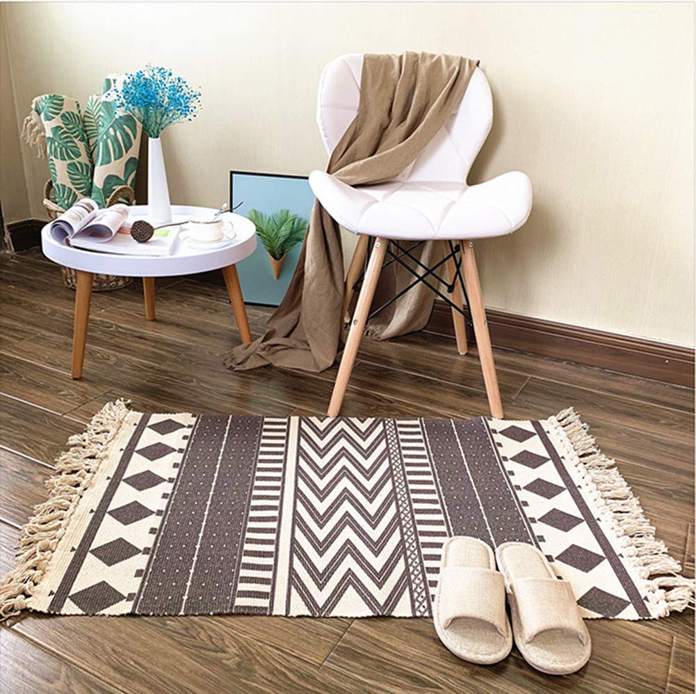 Handwoven Layered Door Mat with Tassels - Washable Braided Kilim Rug for Entryway, Kitchen, Bathroom & Laundry Room - Non-Slip Thin Throw Rug (23.6