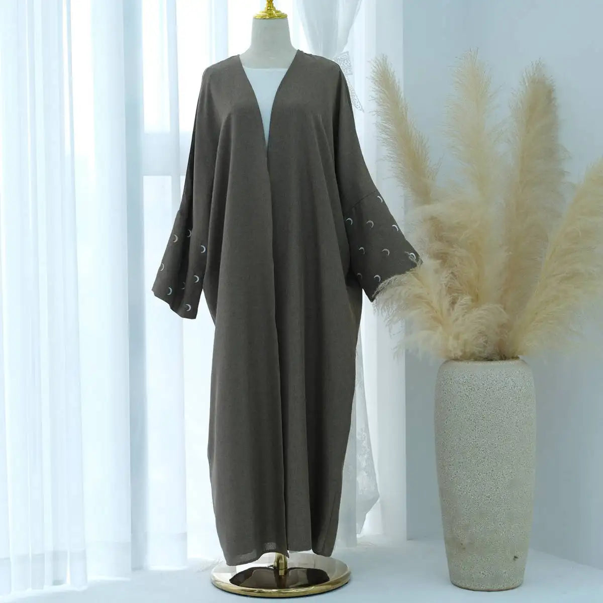 Moon Embroidery Cardigan Open Abaya Dress - Elegant Muslim Women's Outerwear for Prayer, Wedding & Special Occasions