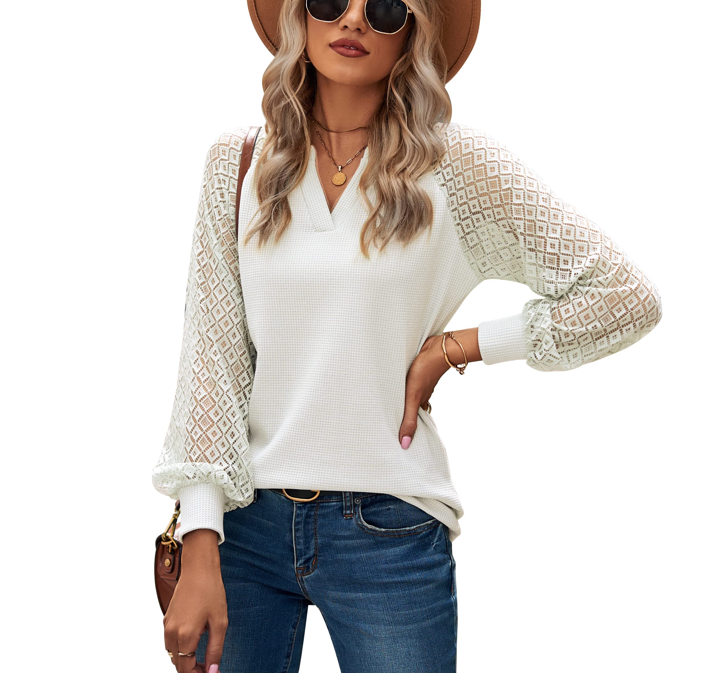 Women's Long Sleeve Lace Blouse - V Neck Waffle Knit Tunic Top with Henley Style for Casual Spring Wear | Perfect for Office, Date Night & Weekend Outings