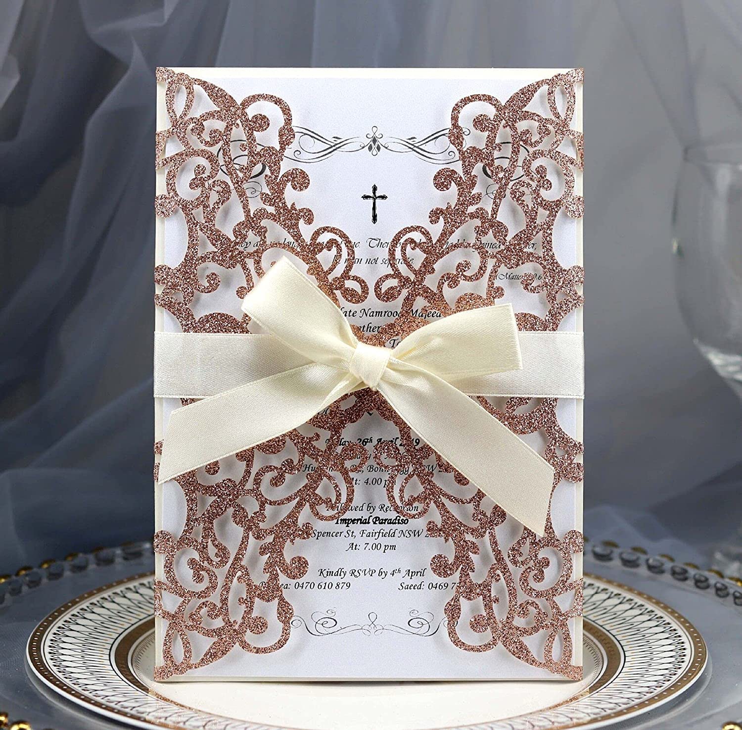 25PCS Rose Gold Wedding Invitations Set - Elegant Laser Cut Floral Design with Gold Powder, Blank Inner Sheets, Envelopes & Ribbons for Wedding, Engagement, Bridal Shower Parties | Perfect for Formal Events & DIY Invitations