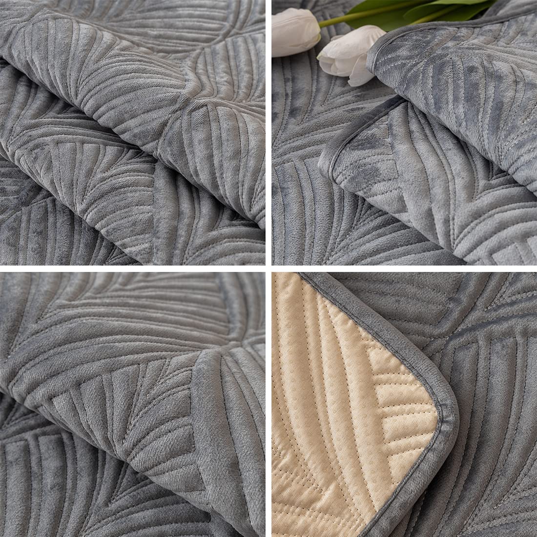 VCTOPS Super Soft Velvet Quilted Sofa Cover - Non-Slip Sectional Couch Protector with Leaf Pattern, Plush Furniture Slipcover for Living Room, Pet-Friendly & Kid-Safe (Grey, 36