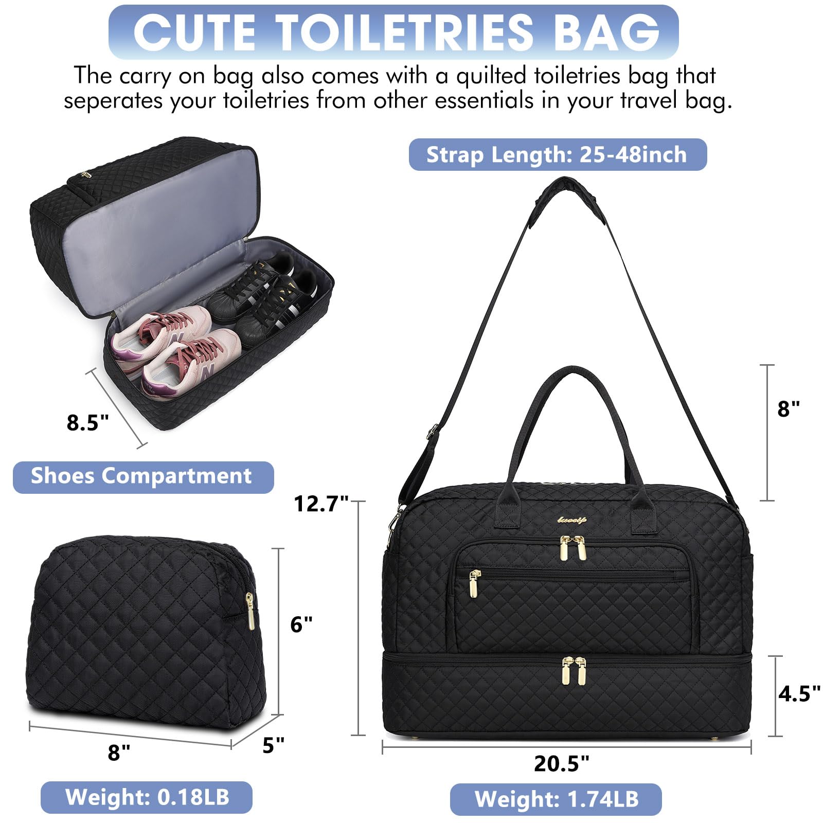 Large Women's Travel Duffle Bag - Carry On Overnight Weekender Gym Yoga Tote with Wet Pocket & Toiletry Compartment | Perfect for Business Trips, Weekend Getaways, Sports, Hospital Visits & Gym Workouts (Black)