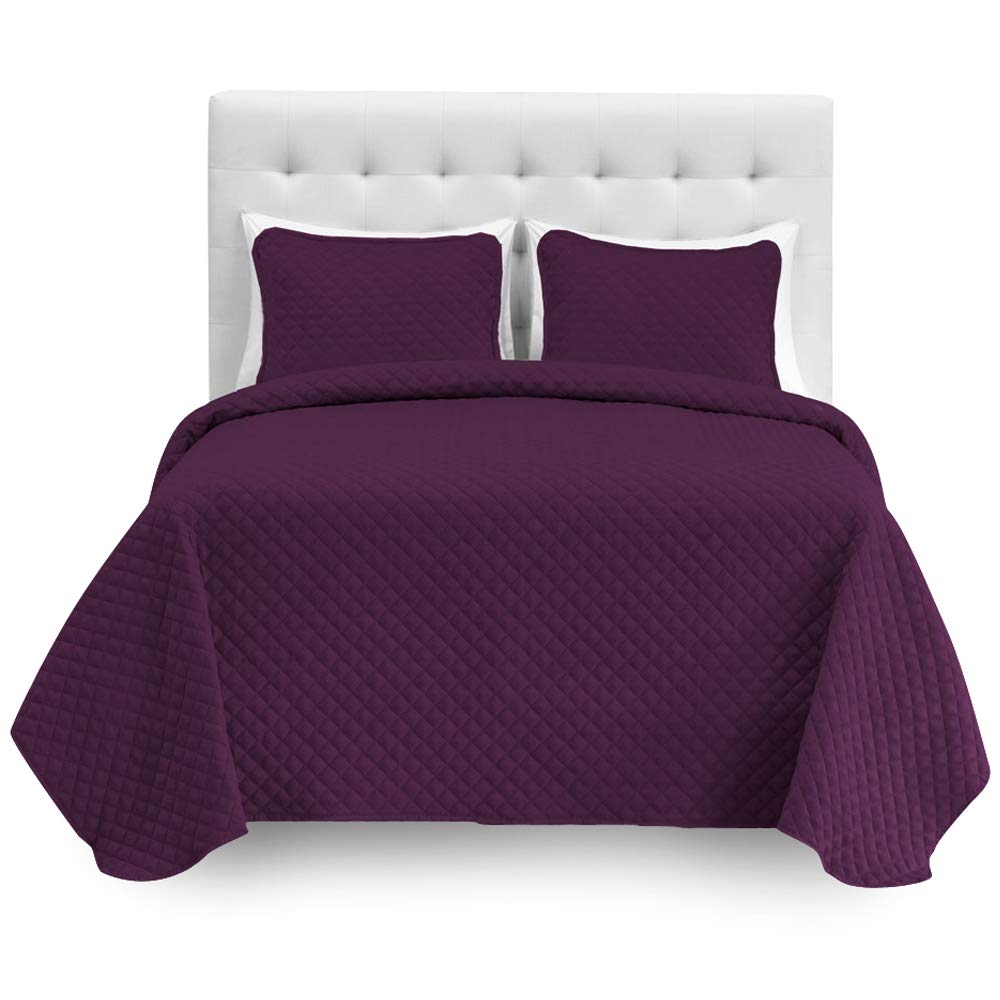 Bare Home Split Queen Coverlet Set with Microfiber Sheet Set - Diamond Stitched Lightweight Bedspread - Ultra Soft Bedding Collection (Plum Coverlet, White Sheets) for Master Bedroom, Guest Room & Dorm Decor