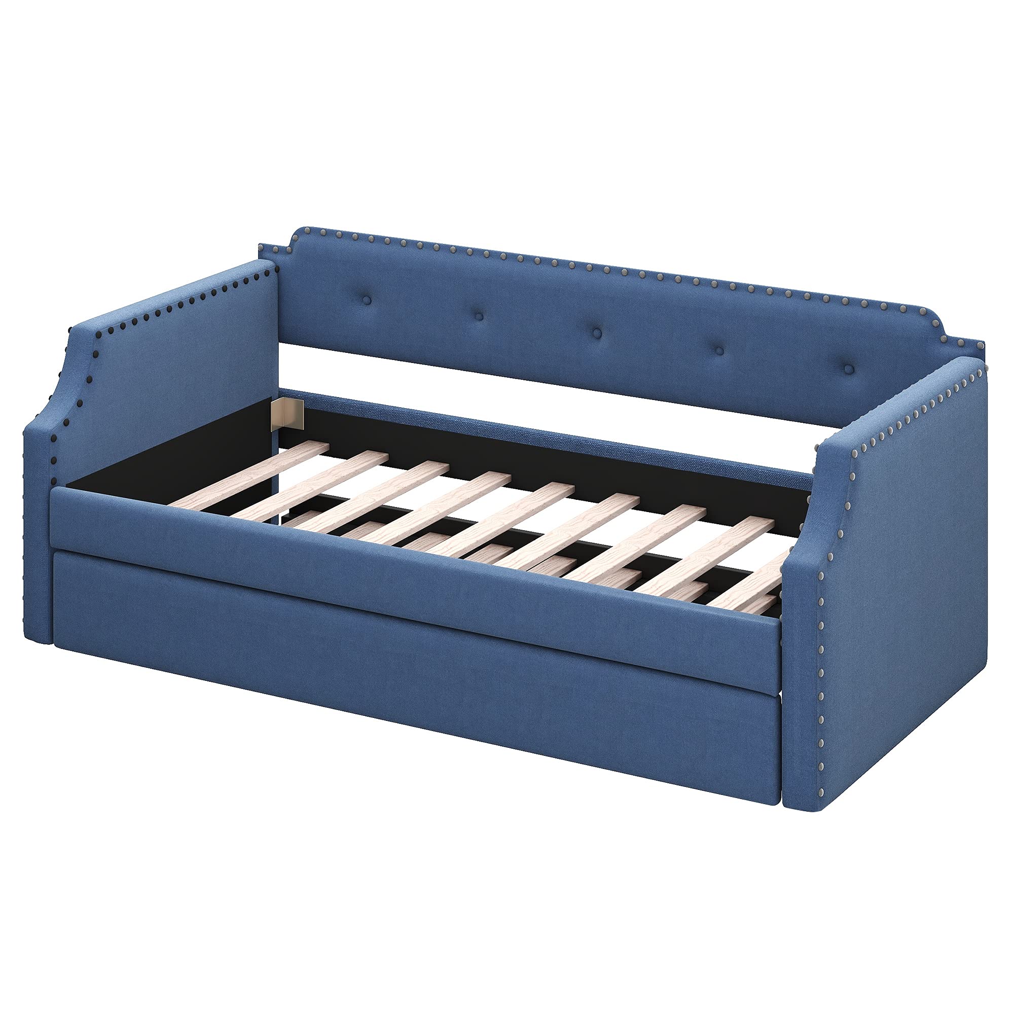 Twin Bed with Trundle - Upholstered Wood Daybed Twin Size, No Box Spring Needed (Blue) | Perfect for Guest Rooms, Kids' Rooms & Small Spaces