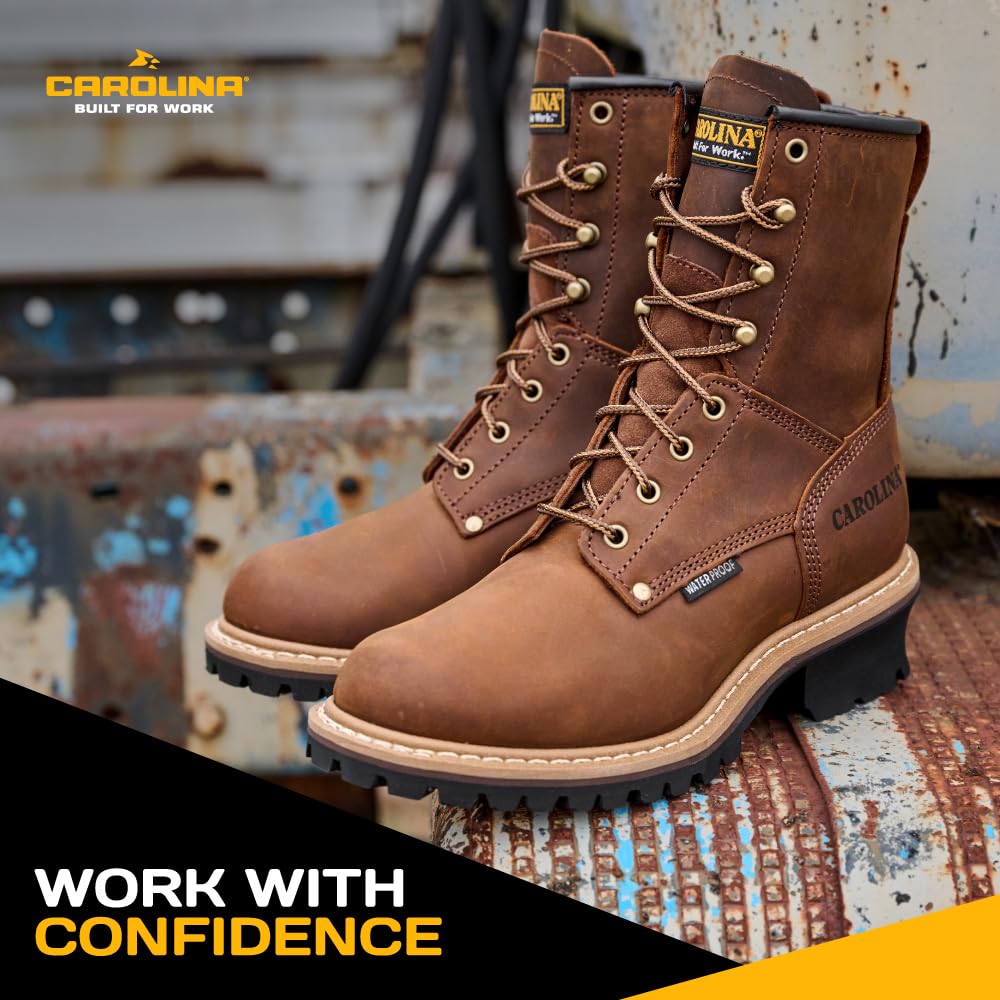 Men's Carolina Elm 8-Inch Waterproof Logger Work Boots - Crazy Horse Leather, Cushioned Footbed, Oil & Slip Resistant Outsole, EH Rated - Ideal for Construction, Hiking & Outdoor Work