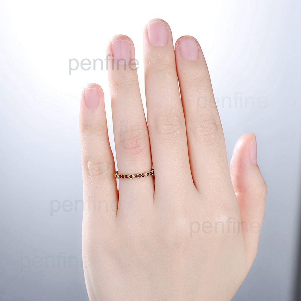 Art Deco Marquise Cut Garnet Wedding Band for Women - Solid 10K 14K 18K Yellow Gold Stackable Ring - Elegant Bridal Jewelry for Engagement, Anniversary & Everyday Wear