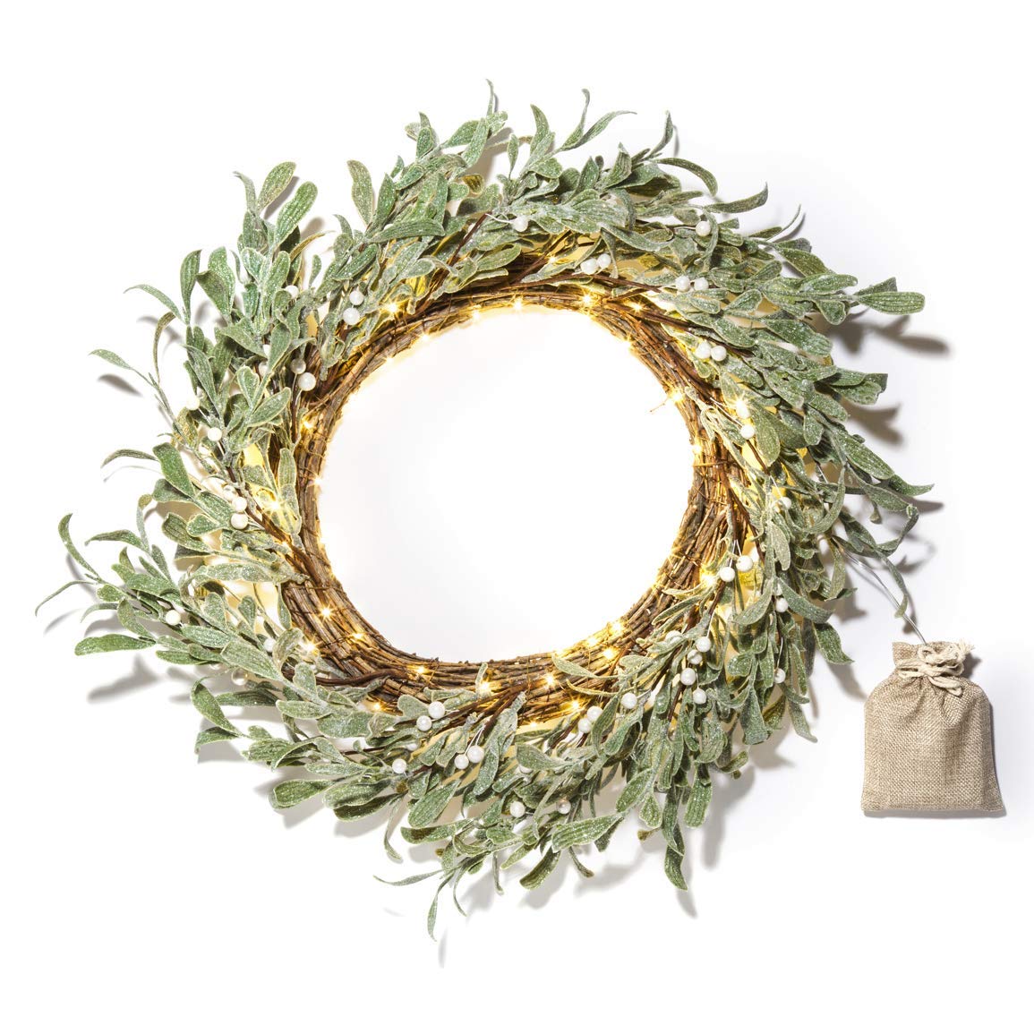 20 Inch Flocked Winter Wreath with Mistletoe & White Berries - 75 LED Battery Powered Christmas Wreath with Timer for Front Door, Indoor & Outdoor Decor - Farmhouse Holiday Decorations for Home, Porch & Fireplace