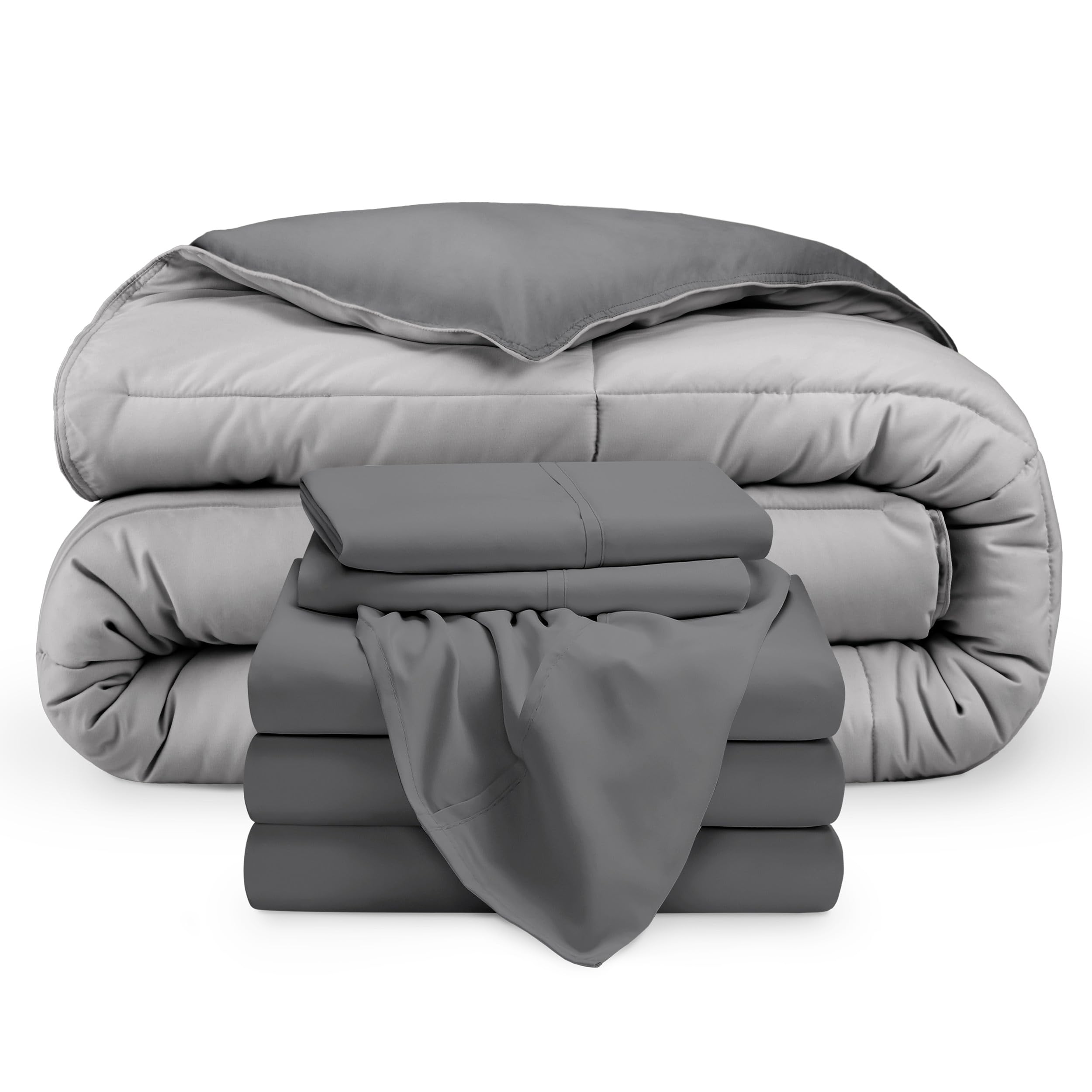 Bare Home Reversible Down Alternative Comforter & Sheet Set - Split Queen Size - Soft Grey/Light Grey Bedding - Perfect for Guest Rooms, Vacation Homes & Dorm Rooms