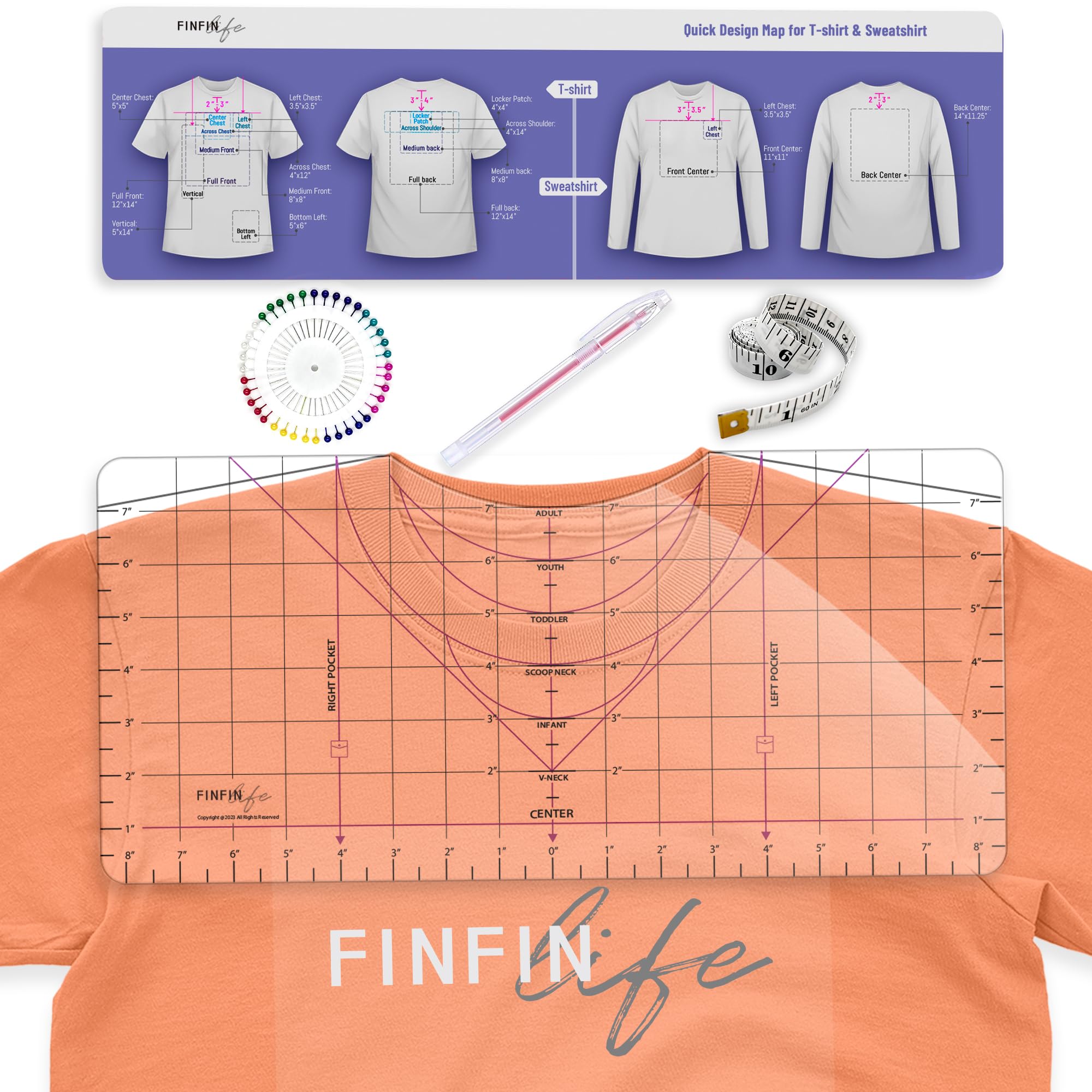 Acrylic XL T-Shirt Ruler Guide for Vinyl Alignment & Heat Press - Shirt Measurement Tool for Infant, Toddler, Youth & Adult Sizes - Perfect for Front/Back/Scoop/V-Neck T-Shirt Designs - Essential Heat Press Accessories & Supplies for DIY Crafting & Custom Apparel Business