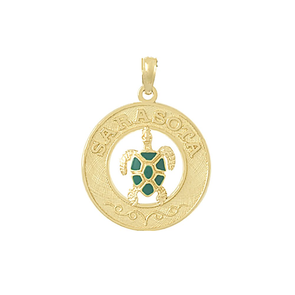 14K Yellow Gold Sarasota Travel Charm Pendant with Enamel Turtle Design - Perfect for Beach Vacations, Cruise Trips & Souvenir Gifting