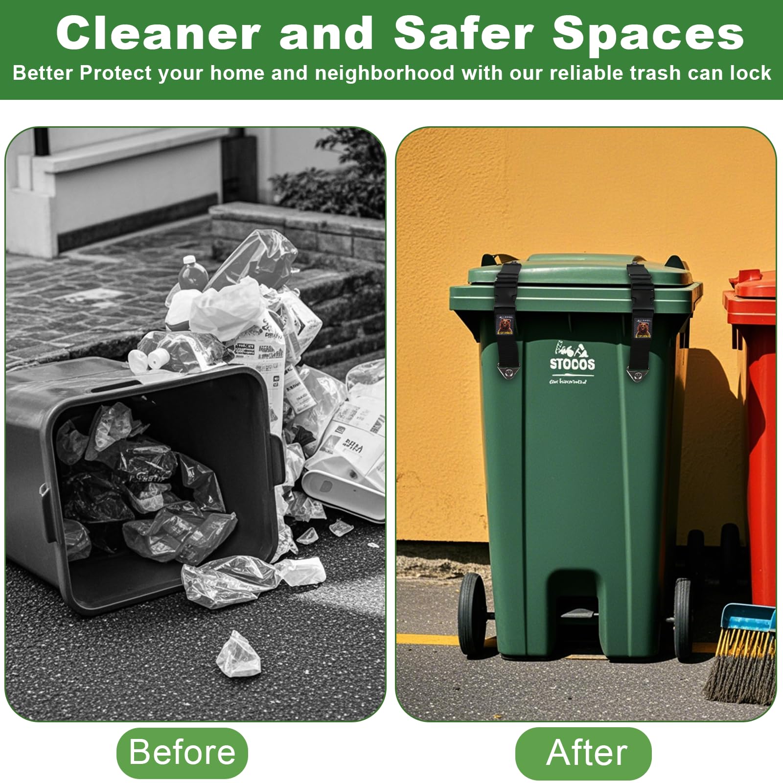 Bear Proof Trash Can Locks - Durable Adjustable Animal Proof Garbage Bin Lid Lock with Stretchable Elastic Strap (2 Pack) - Keep Raccoons & Pets Out of Outdoor/Indoor Trash Cans