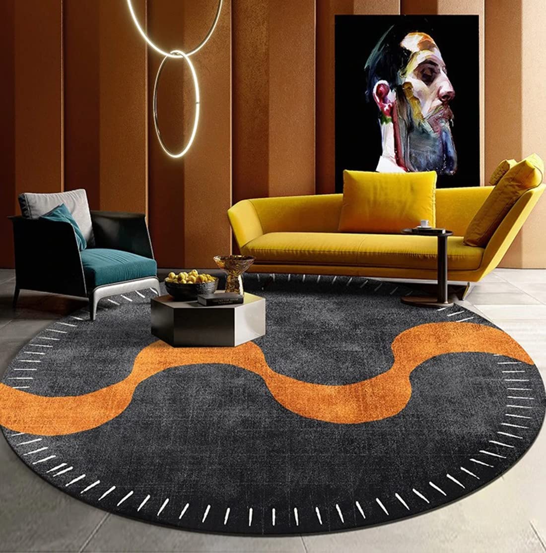 Modern Abstract Black Orange Swirl Round Area Rug - Soft Fluffy 3ft Circle Rug for Living Room, Bedroom, Dining, Kitchen, Home Office & Hallway | Non-Slip, Cozy & Stylish Home Decor