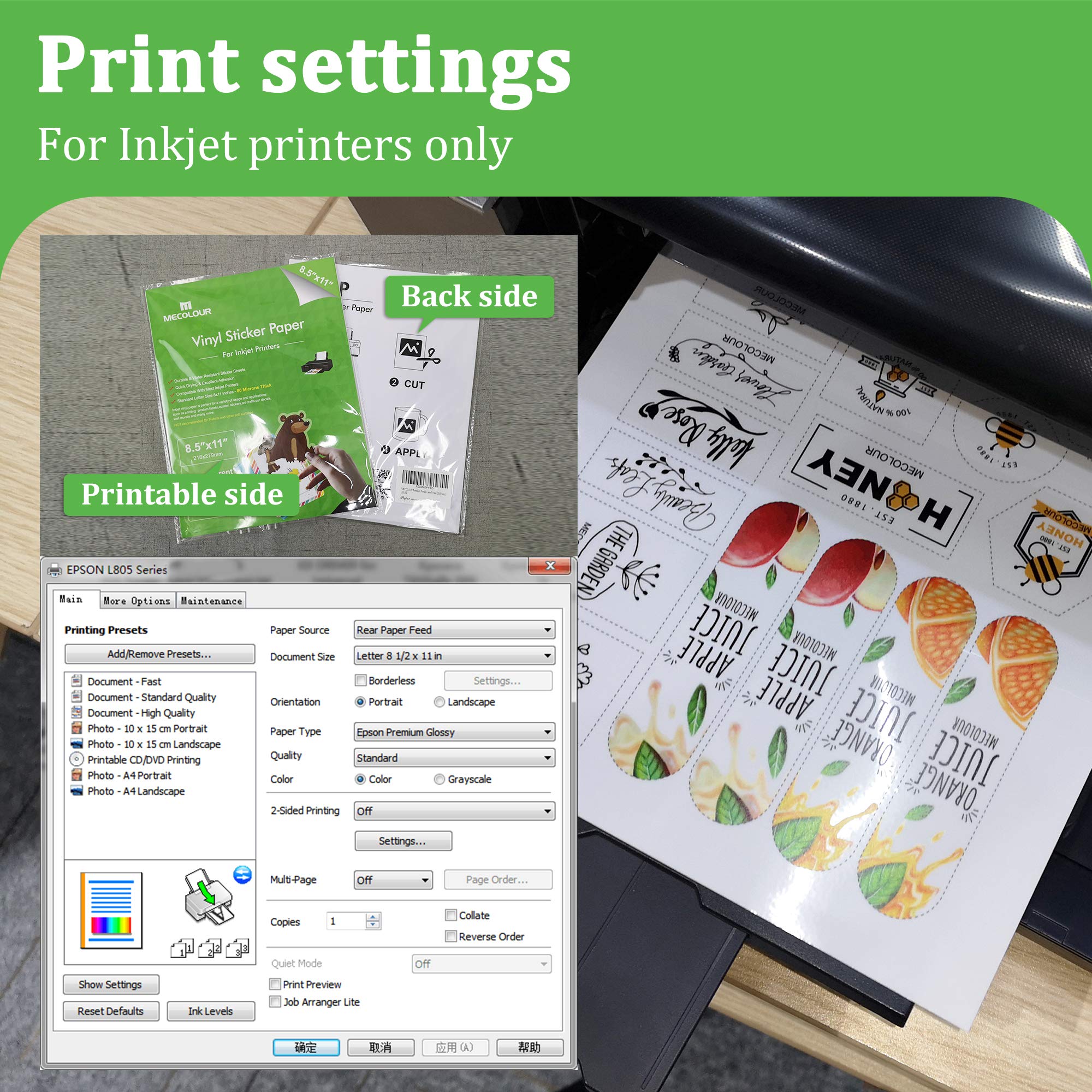 MECOLOUR Clear Sticker Paper for Inkjet Printer - 95% Transparent 8.5x11 Inch Waterproof Labels - 20 Sheets for DIY Crafts, Scrapbooking & Product Packaging