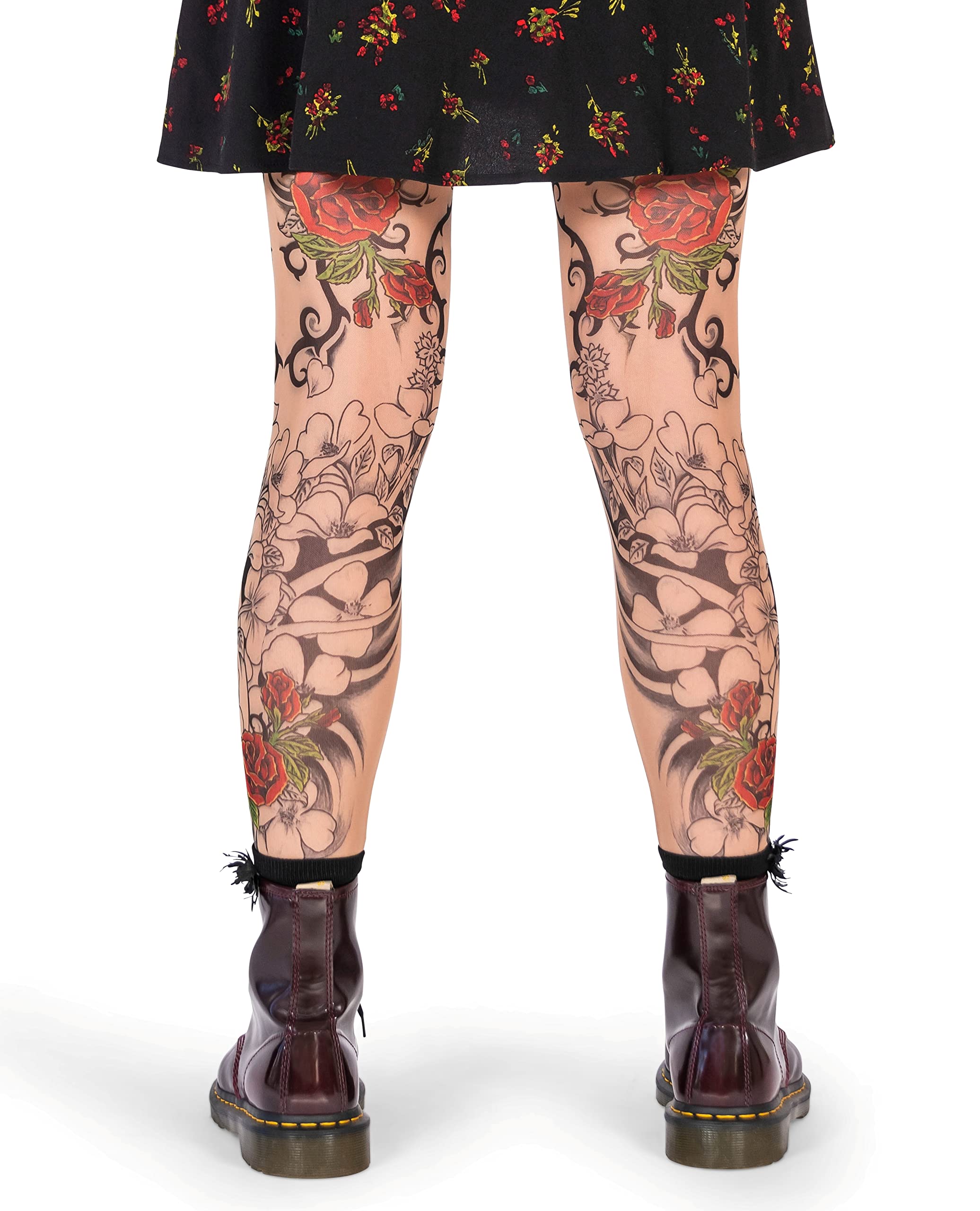 Wild Rose Flamenco Tattoo Mesh Leggings for Women - Red Rose Blackwork Design in Tan | Perfect for Dance, Yoga & Gothic Fashion