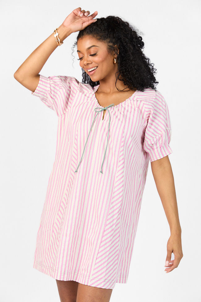 Pink Striped Mini Dress with Panel Design - Flirty & Feminine Summer Outfit for Beach, Party & Date Night