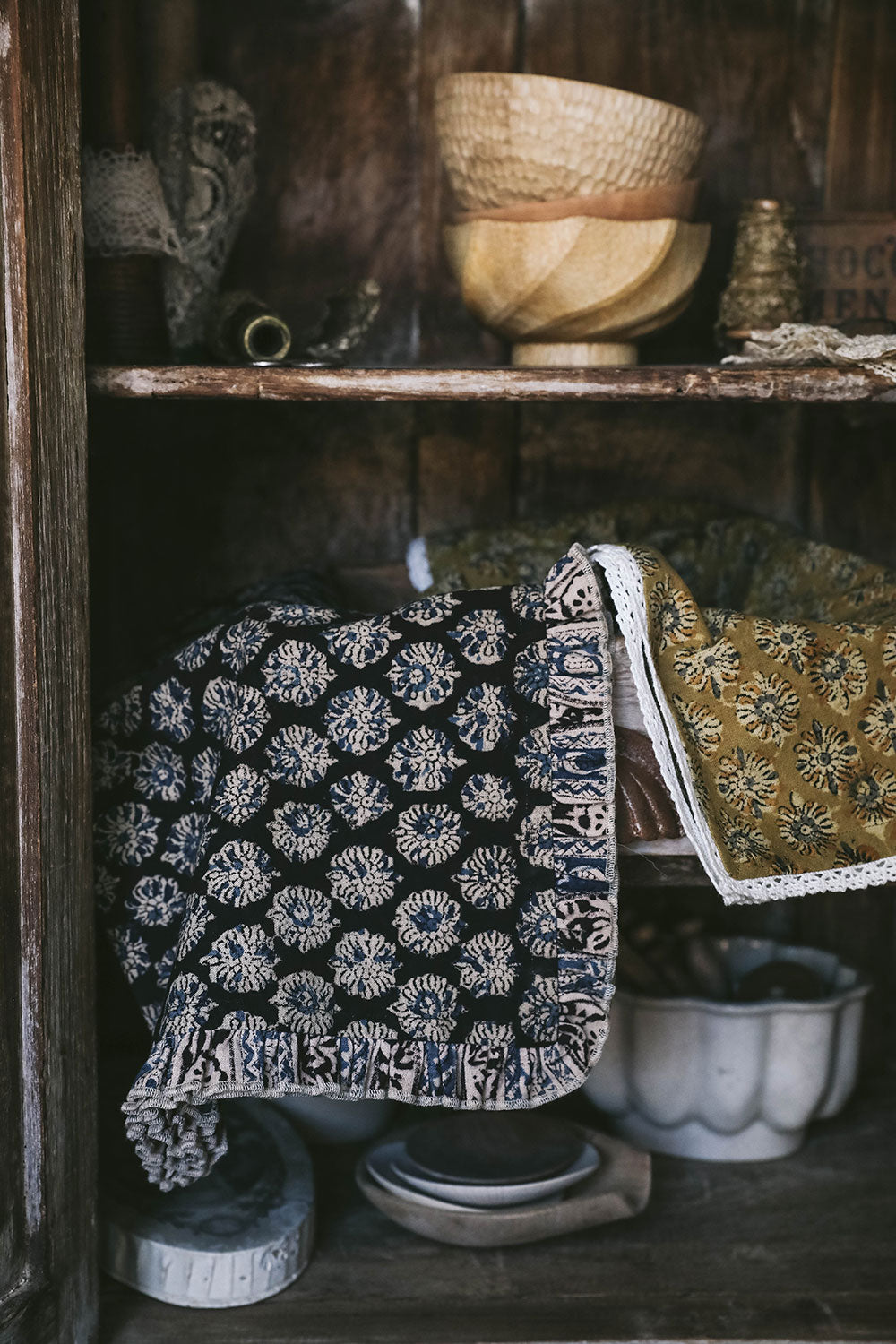 Handmade Block Printed Tea Towel with Decorative Ruffle Edge - Organic Cotton Kitchen Towel for Drying Dishes, Decor & Gift Giving