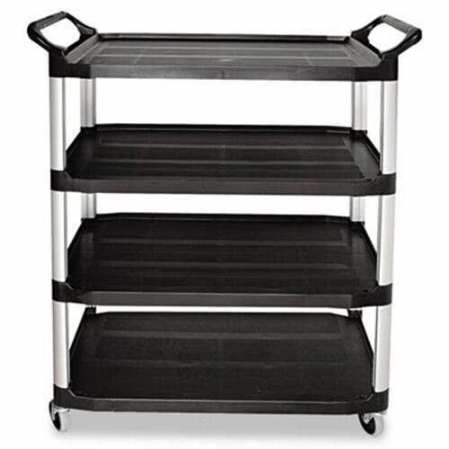 4-Shelf Utility Cart with Wheels - All-Sided Open Black Rolling Organizer for Office Storage & Space Saving - Perfect for Home, Office, and Warehouse Use