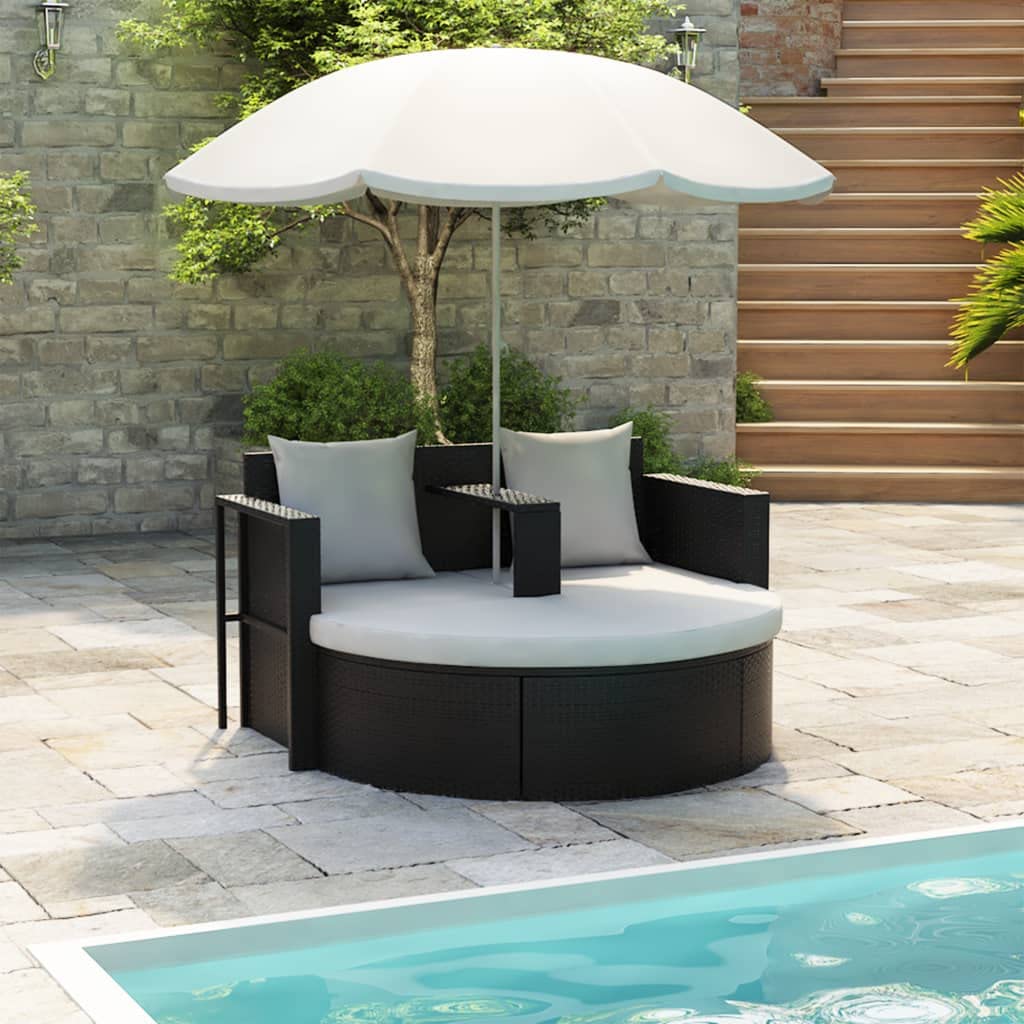 SKM Black Poly Rattan Patio Bed with Parasol - Perfect for Outdoor Lounging, Poolside Relaxation, and Garden Sunbathing