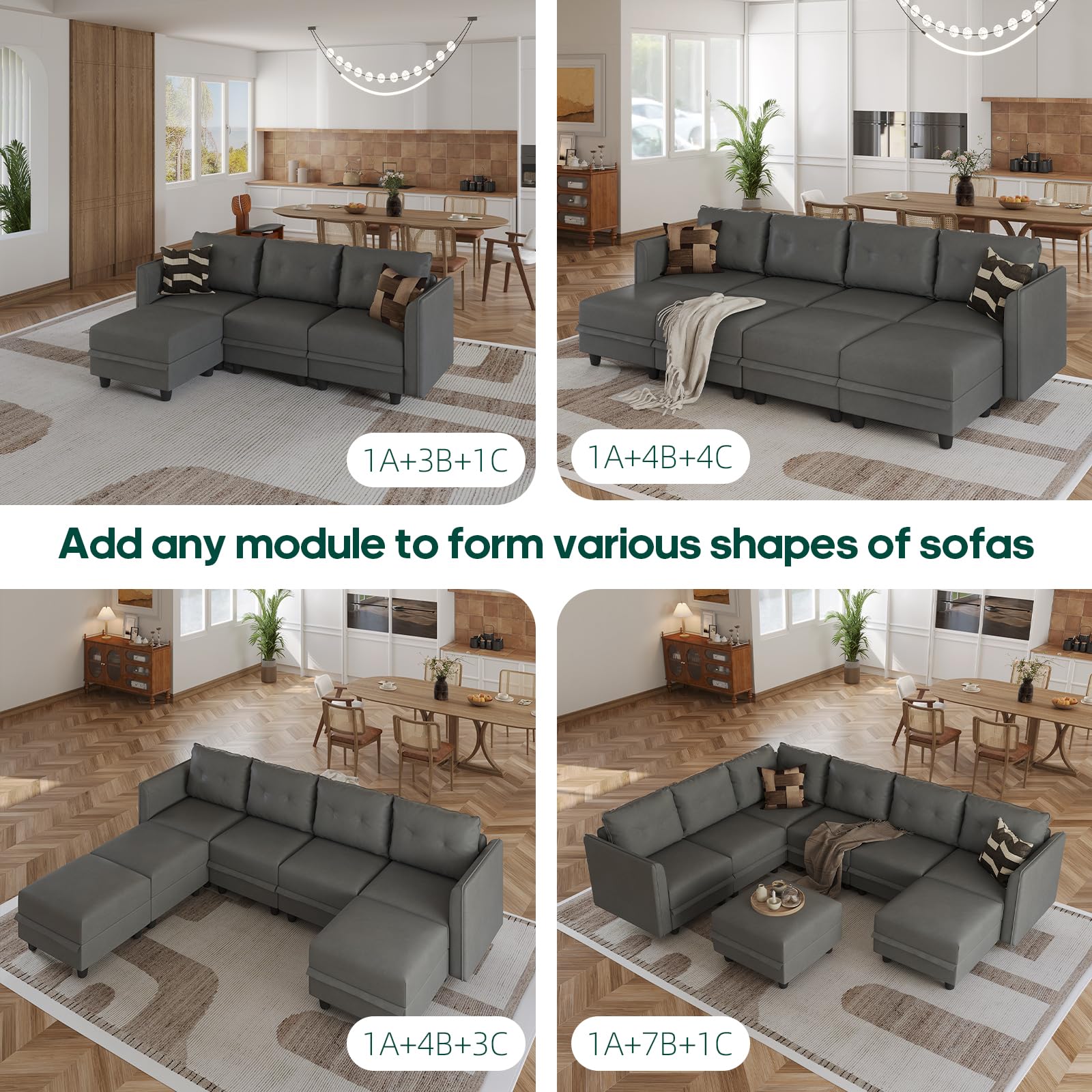 LLappuil 3-Seater Faux Leather Modular Sectional Sofa with Storage Seat - Modern Dark Grey Living Room Couch for Small Spaces & Apartments - Perfect for Studio Living Rooms, Home Theaters, and Cozy Family Gatherings