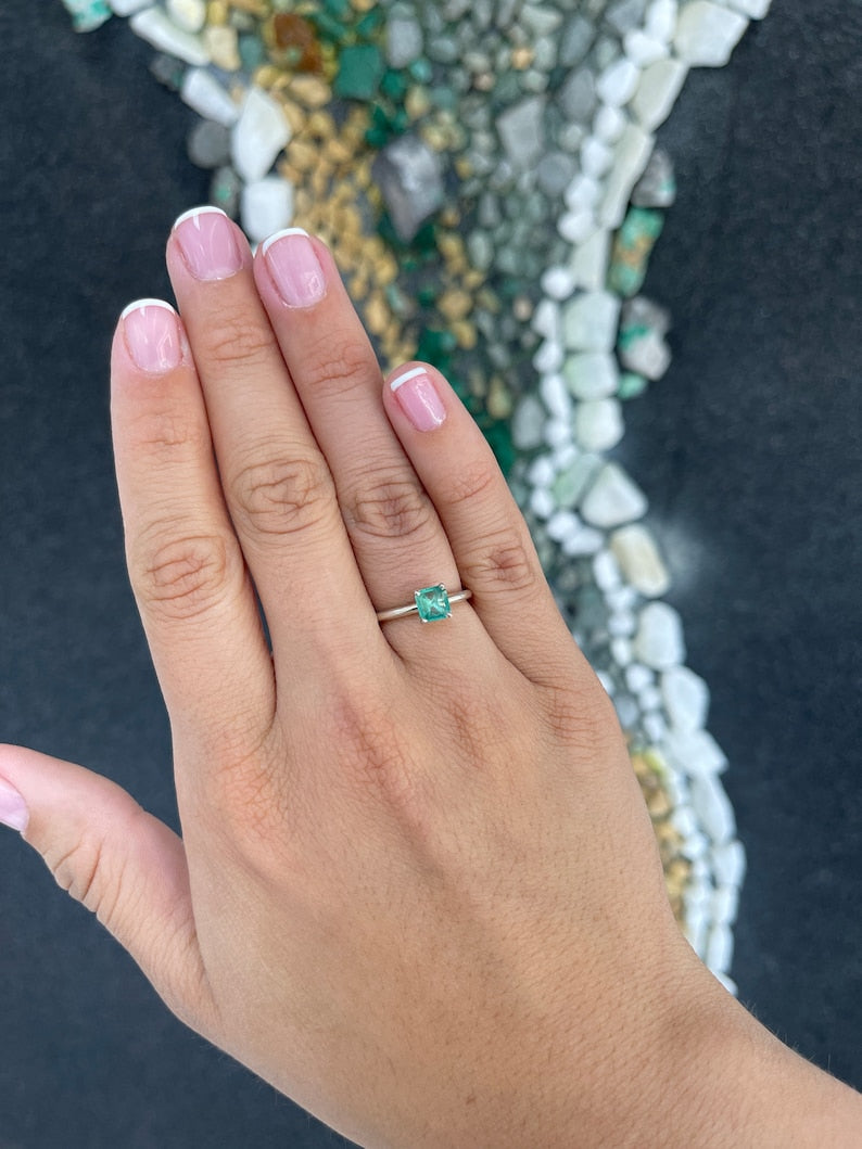 0.90 Carat Natural Spring Green Asscher Cut Emerald Solitaire Sterling Silver Ring for Women - Elegant Jewelry Gift for Engagement, Wedding & Special Occasions