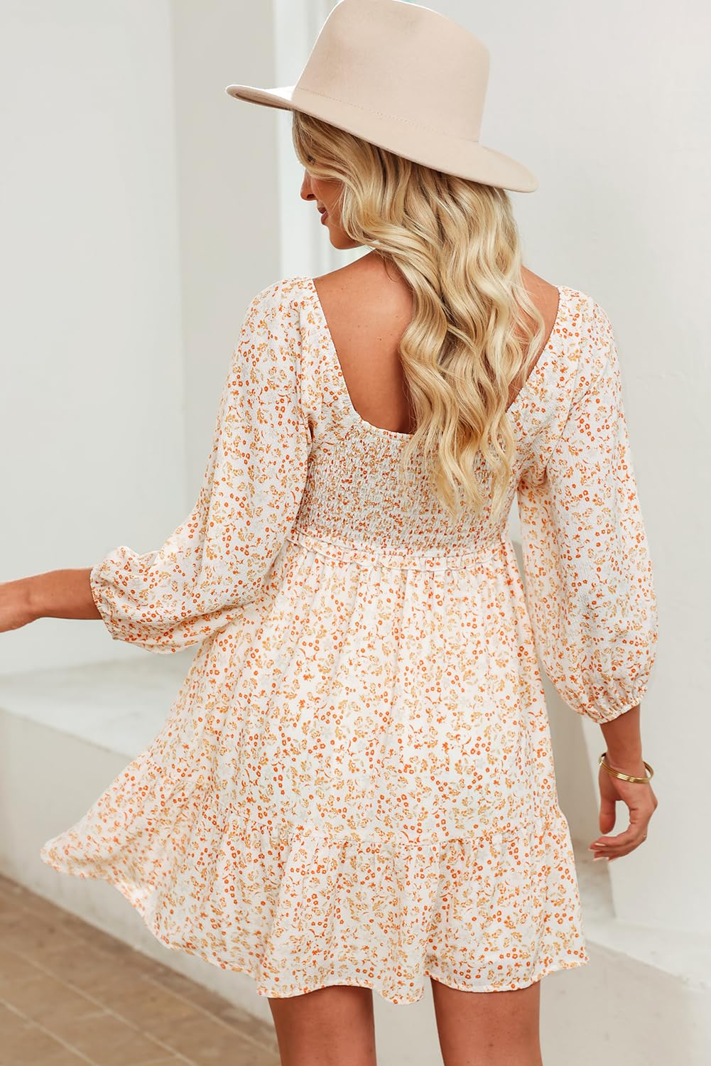 2025 Boho Floral Print Spring Dress for Women - Square Neck Smocked 3/4 Sleeve A-Line Swing Mini Sundress | Casual Summer Outfit for Beach, Picnic & Date Night
