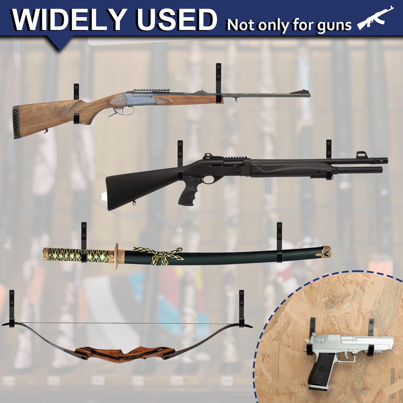 Heavy Duty Metal Gun Rack Wall Mount - Horizontal Rifle & Shotgun Storage Hanger with Bow Holder for Home, Hunting Cabin, Shooting Range - Organize Firearms Safely