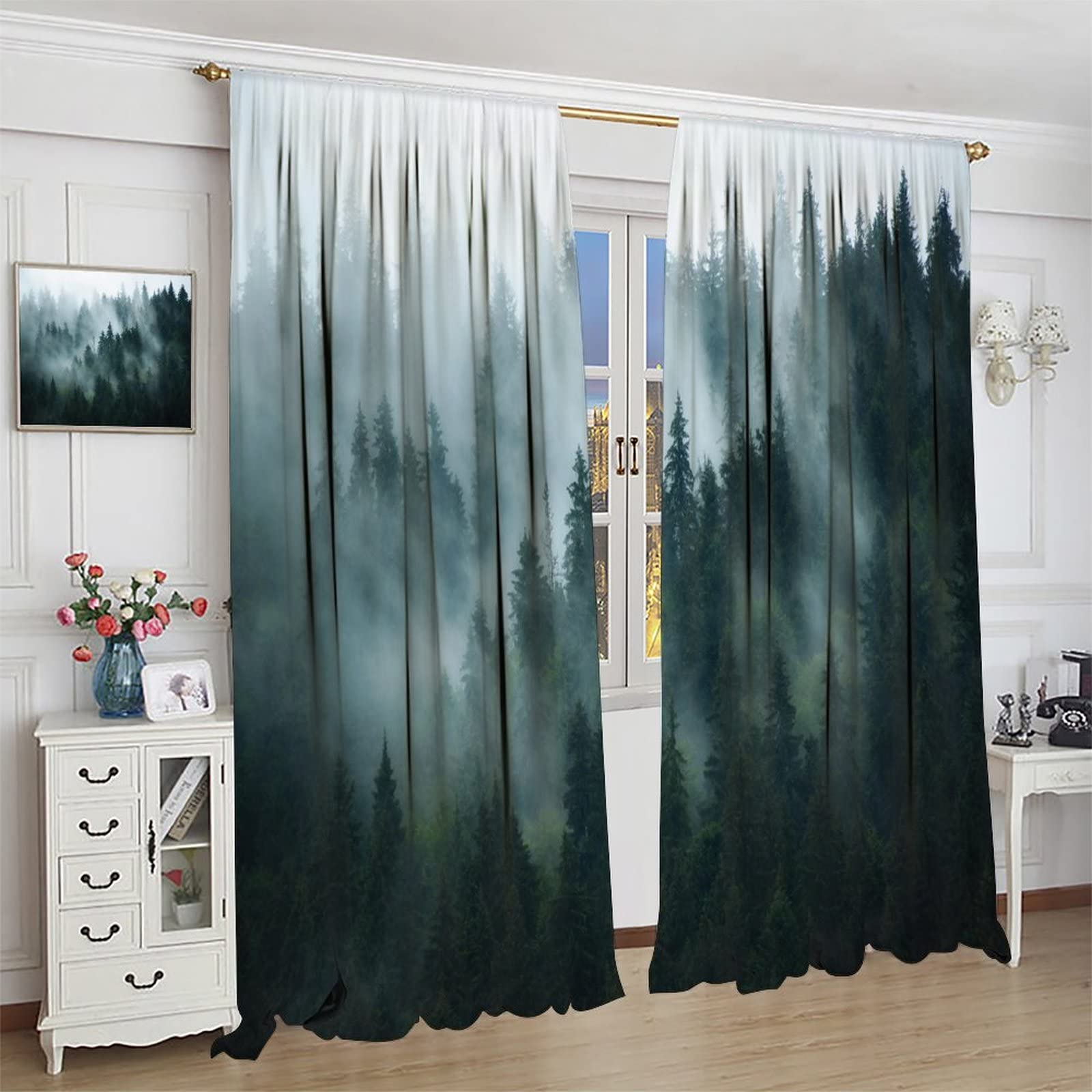 Misty Mountain Blackout Curtains - Fog Green Forest Scenic Window Drapes with Nature Tree Woodland Design, 42x45 Inches, 2 Panels | Perfect for Bedroom & Living Room Decor, Blocks Light for Better Sleep & Privacy