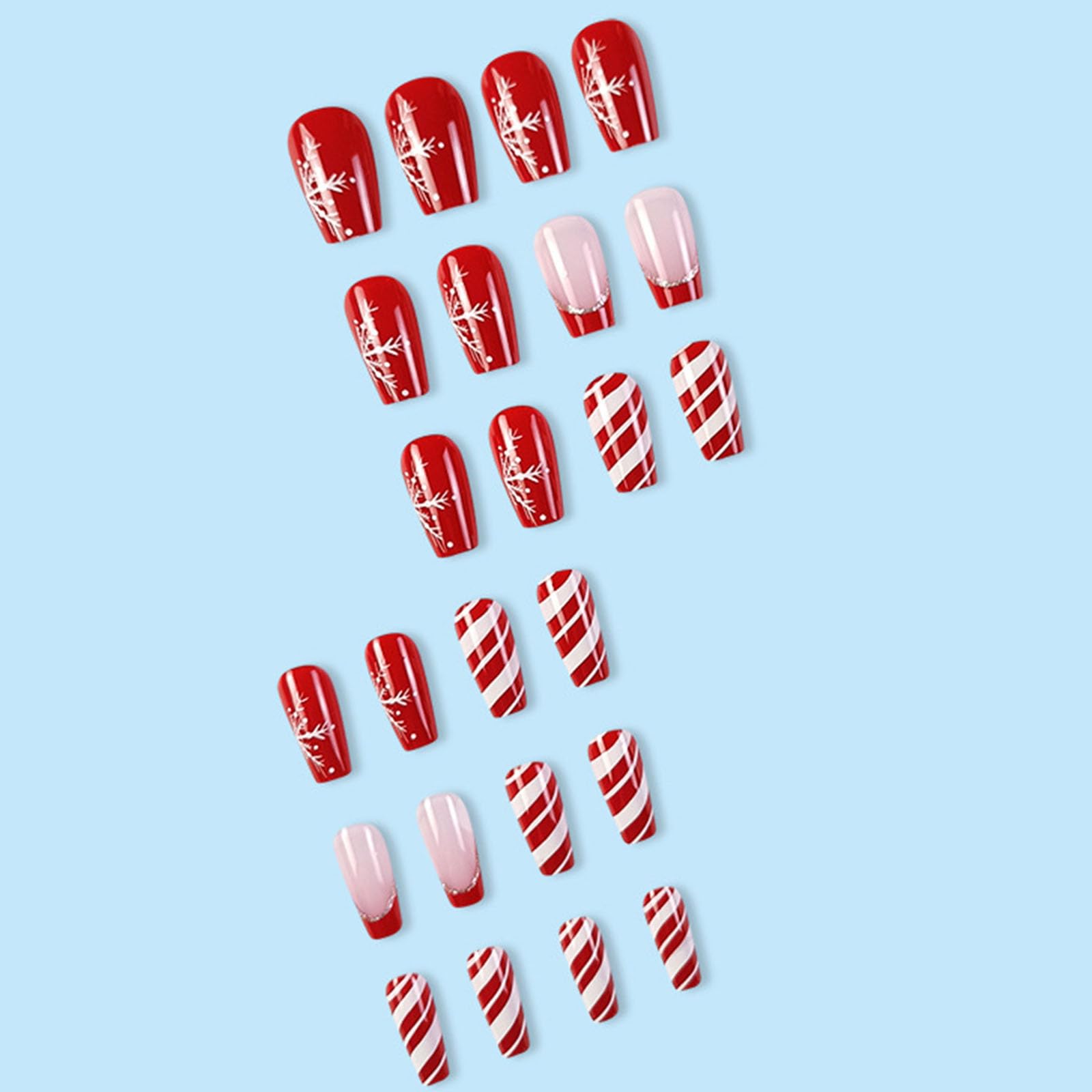 Festive Christmas Press on Nails - 24Pcs Short Coffin Fake Nails with Snowflake & Stripe Designs, French Tip Winter Nails, Glossy Red Acrylic Stick on Nails for Women | Perfect for Holiday Parties, Gift Giving & Winter Celebrations