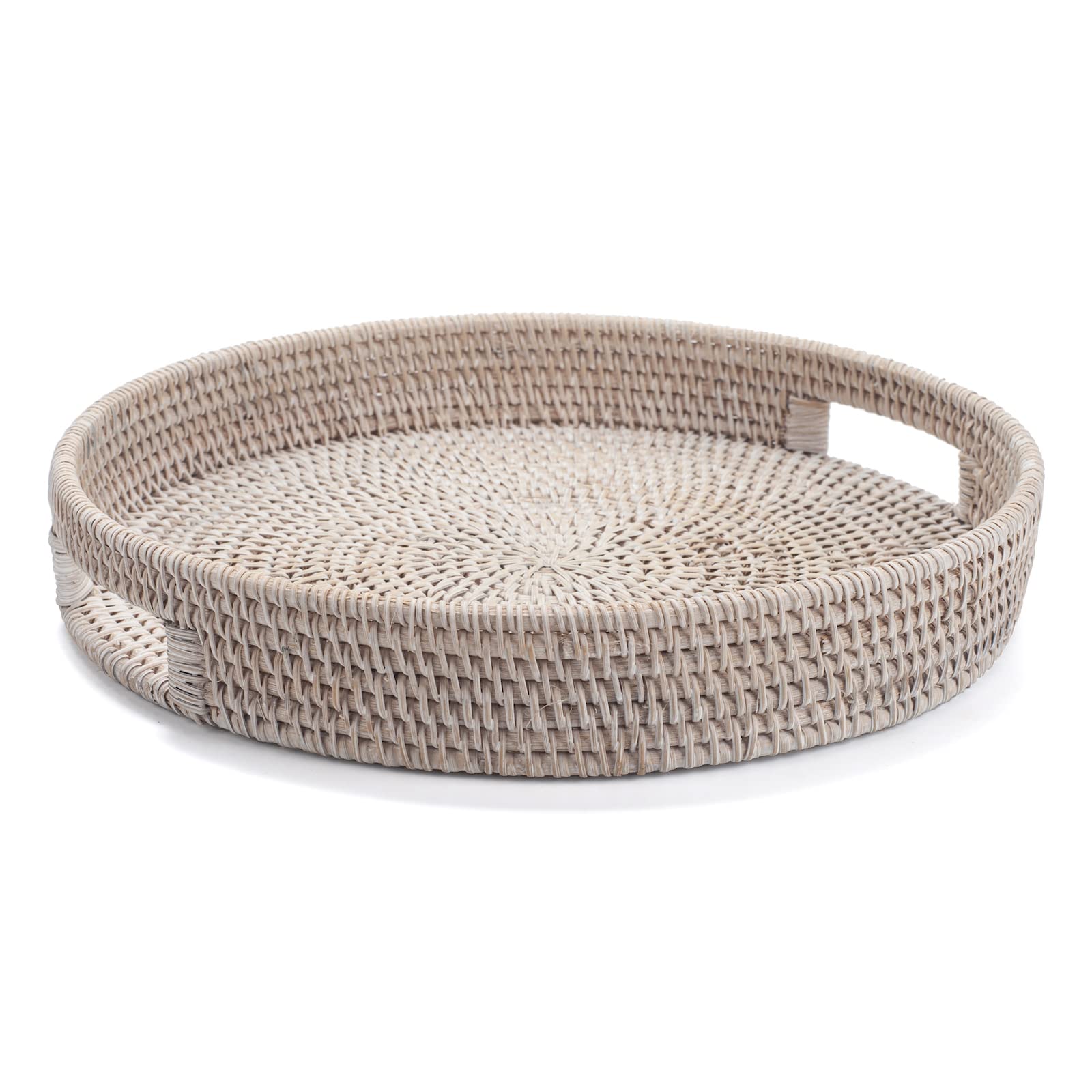 14.2 Inch Round Rattan Tray - Woven Serving Tray with Handles, Whitewashed Ottoman Tray, Wicker Basket for Coffee Table, Dining, and Home Decor | Perfect for Breakfast in Bed, Living Room Storage, and Party Serving (Whitewash, 14.2 Inch)
