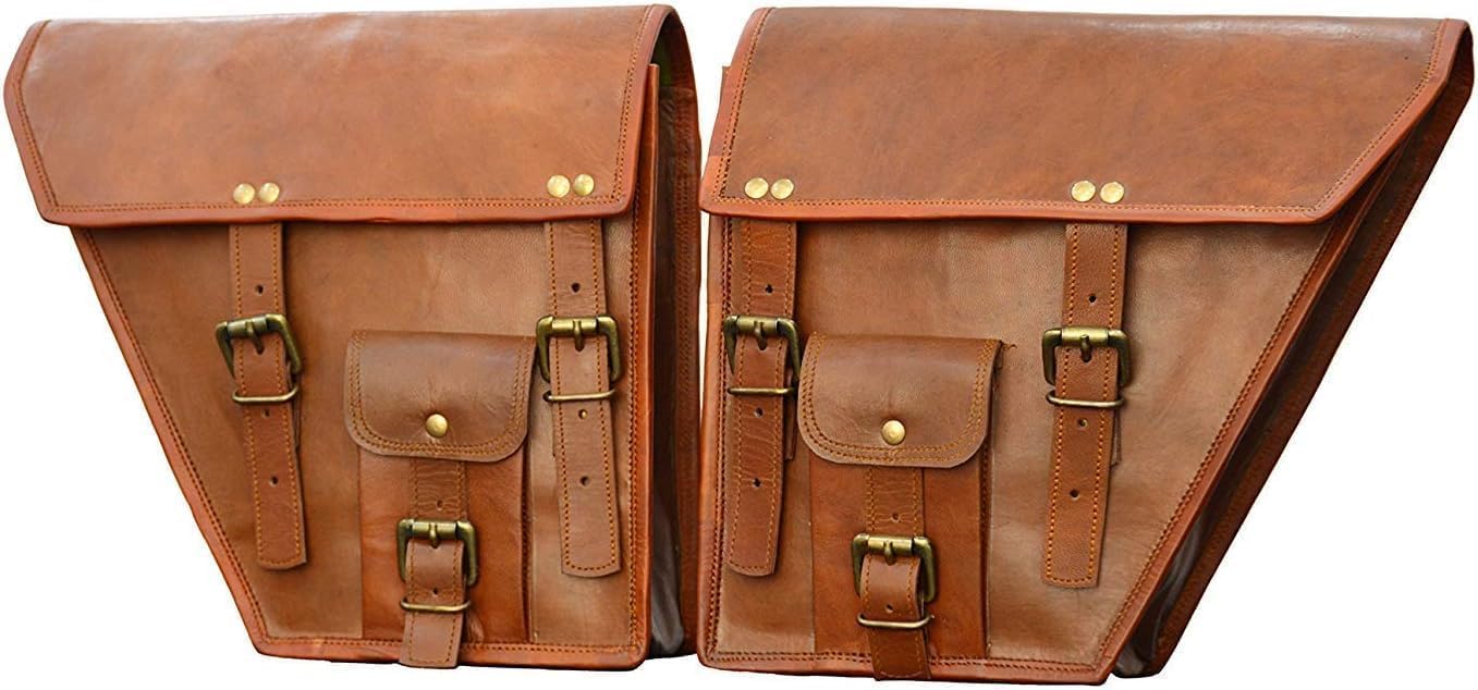 2 Pack Genuine Leather Motorcycle Saddle Bags - Waterproof Bike Shoulder Bag & Tool Pouch for Harley, Cruiser - Brown Handlebar Sissy Bar Travel Accessories (Ideal for Road Trips, Camping & Daily Commute)