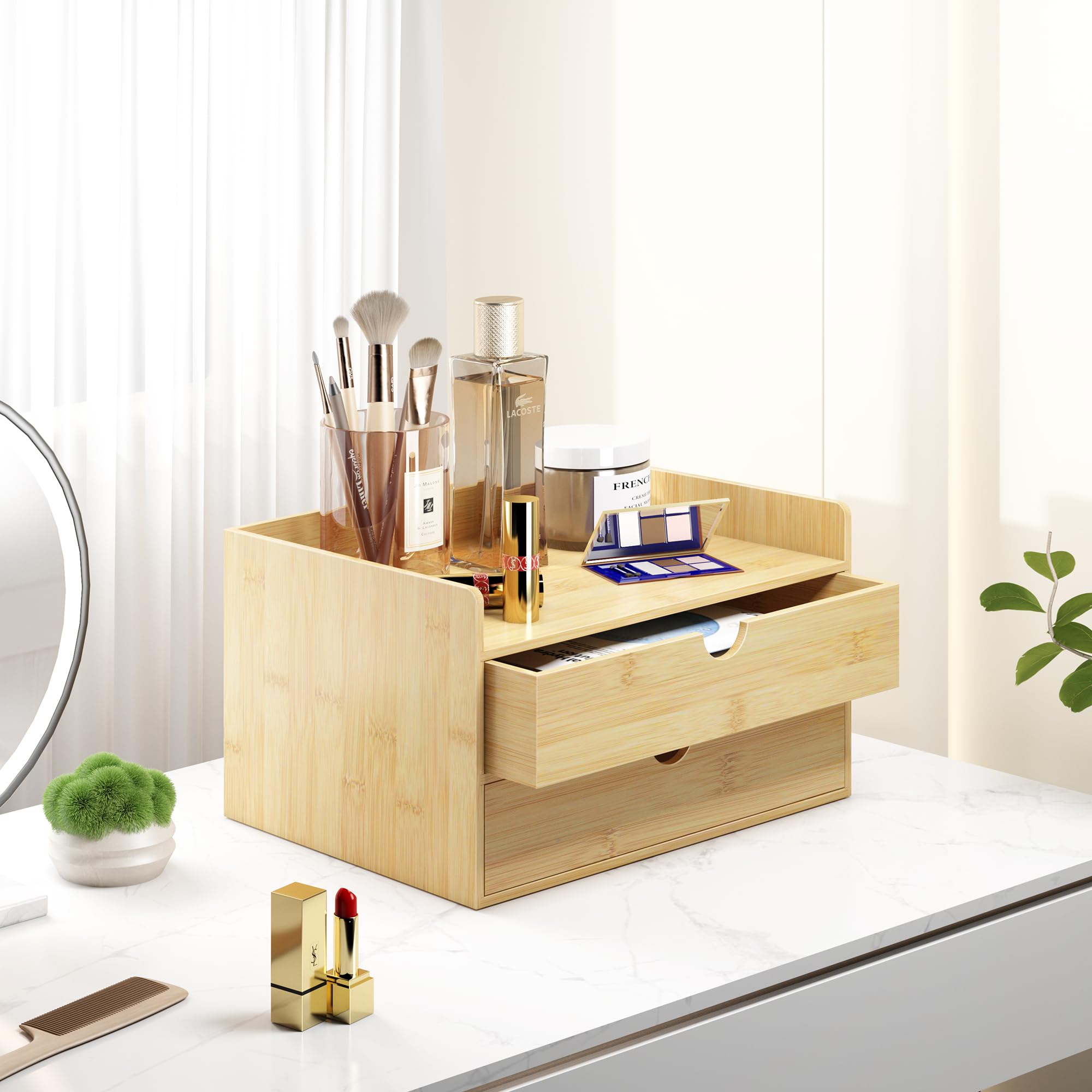 Wisuce Bamboo 2-Drawer Desk Organizer - No Assembly Required, Tabletop Storage Box for Office, Home, Vanity & Toiletries Supplies | Perfect for Desk Organization, Bathroom Storage & Makeup Accessories