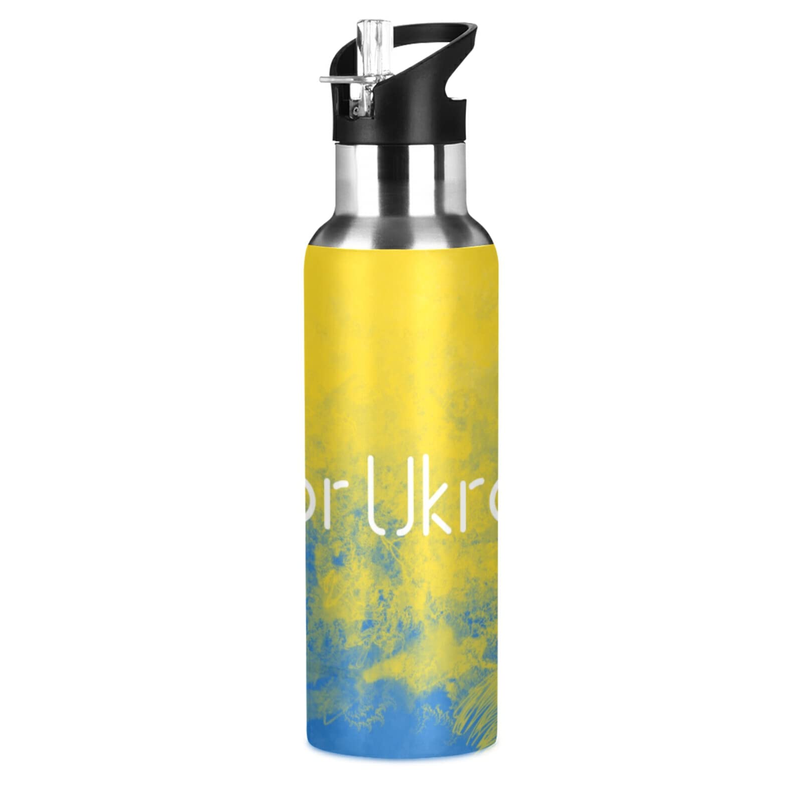Stainless Steel Water Bottle with Straw Lid - Ukraine Flag Design - for Sports & Travel