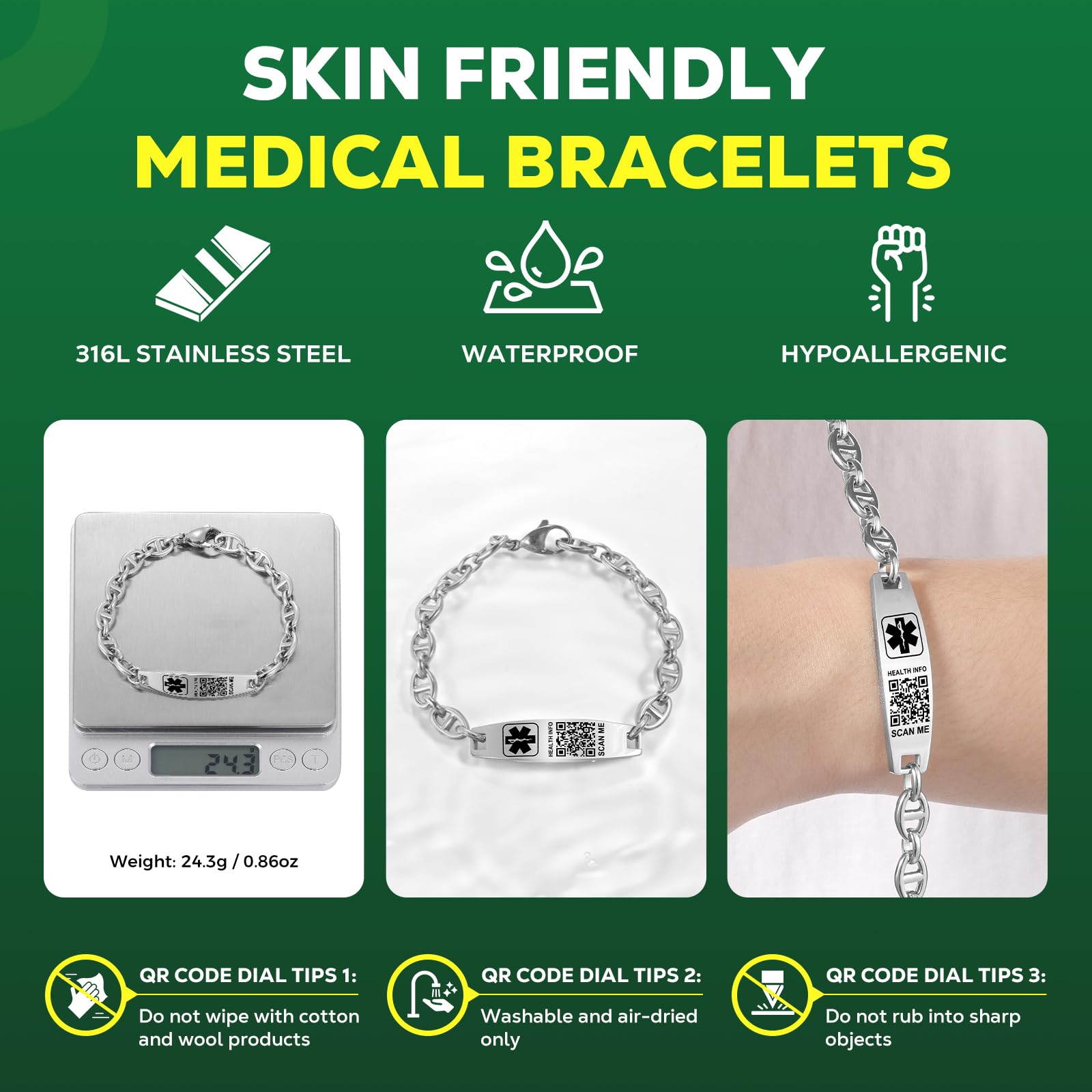 Upgraded QR Code Medical Alert Bracelet for Women & Men - Sterling Silver Emergency ID Bracelet 7''-9'' Adjustable - Customizable Medical Info with Extra Space - Perfect for Allergies, Diabetes & Emergency Situations