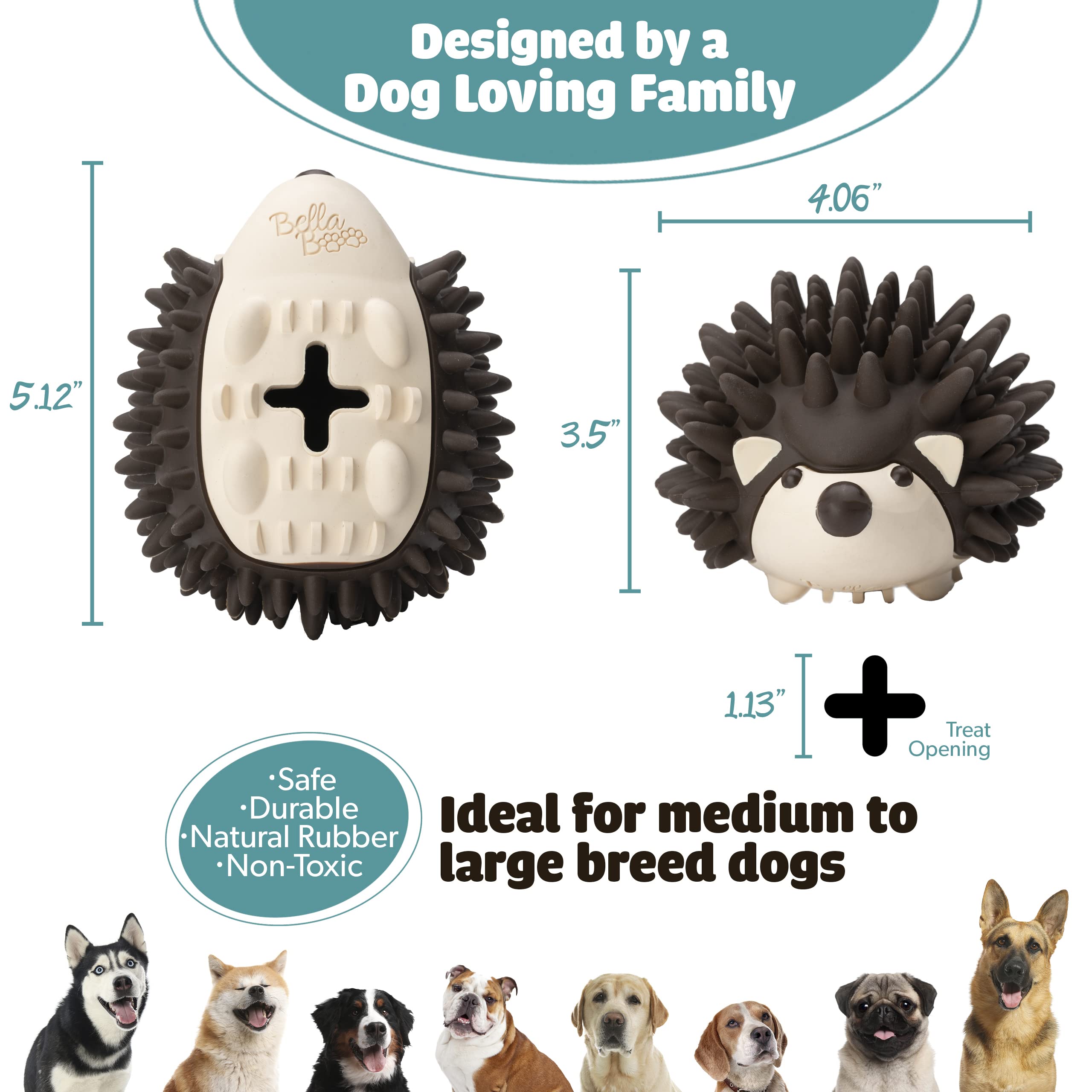 Bella Boo Pets Interactive Dog Toy for Strong Chewers - Durable Freddy The Hedgehog Treat Ball, Slow Feeder & Dental Chew Toy for Medium & Large Breed Dogs - Mental Stimulation & Teeth Cleaning - Perfect for Puzzle Play & Mealtime Fun (Brown)