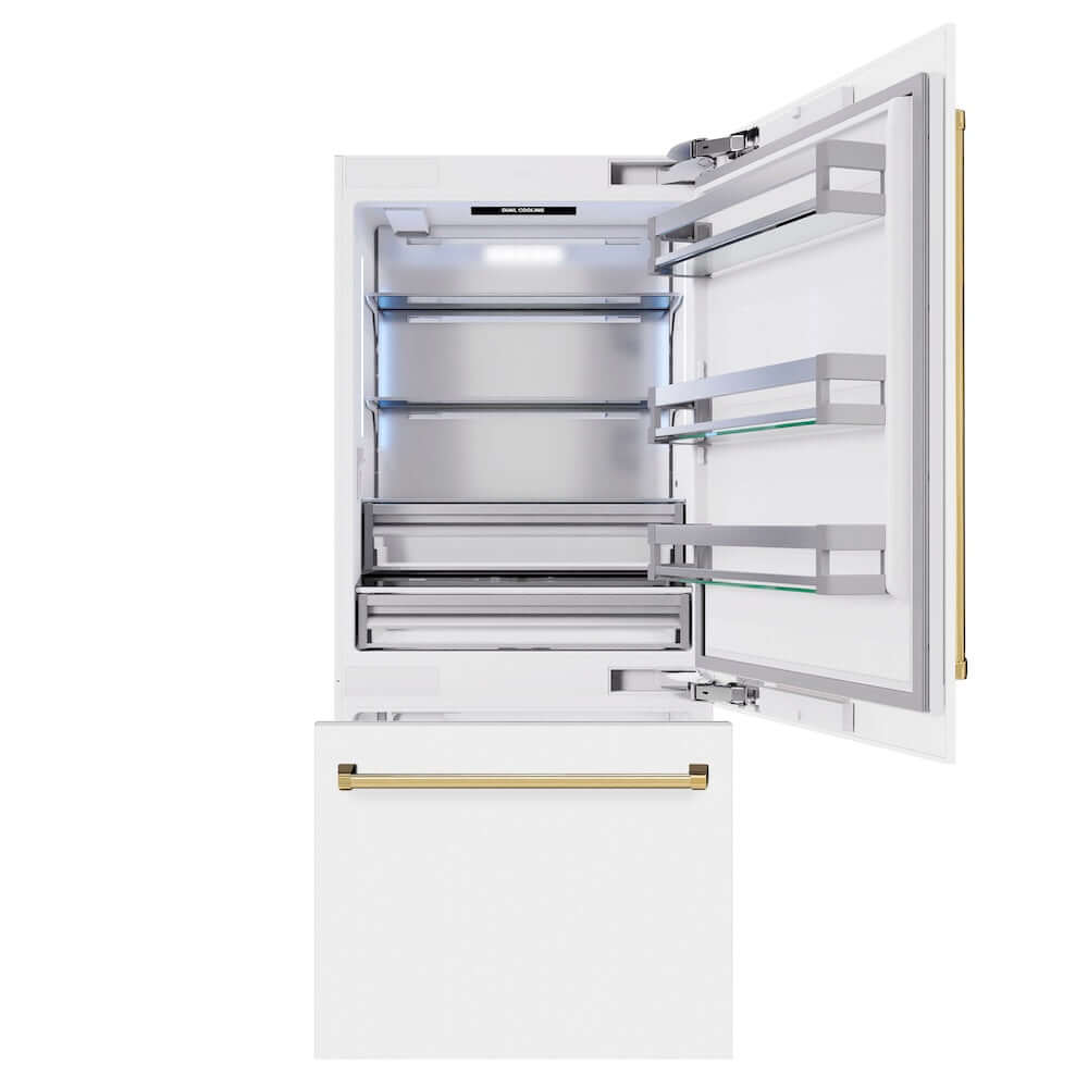 ZLINE Autograph Edition 36 Inch Built-In Bottom Freezer Refrigerator - 19.8 cu.ft Capacity, Water Dispenser & Ice Maker - White Matte with Polished Gold Accents (RBITZ WM 36 G) - Perfect for Modern Kitchens and Luxury Homes