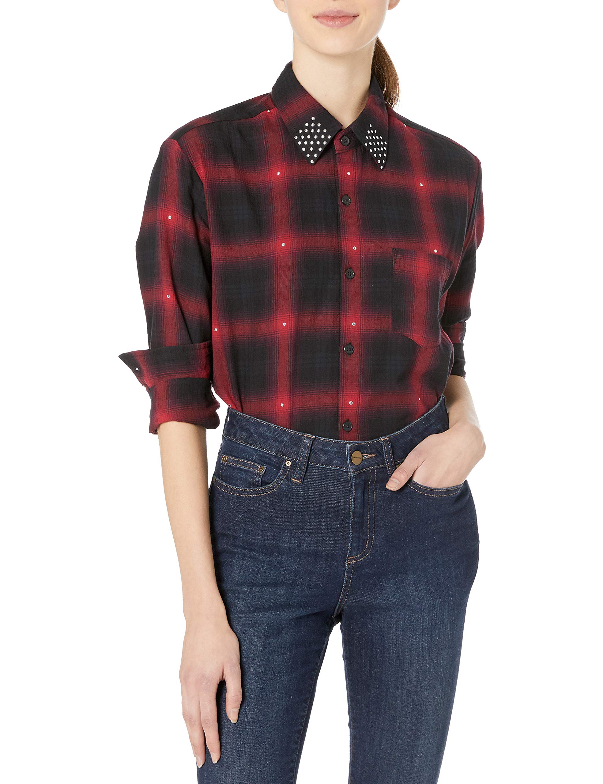 The Kooples Women's Checkered Button-Down Shirt with Studded Collar - Stylish Casual & Office Wear for Everyday Fashion