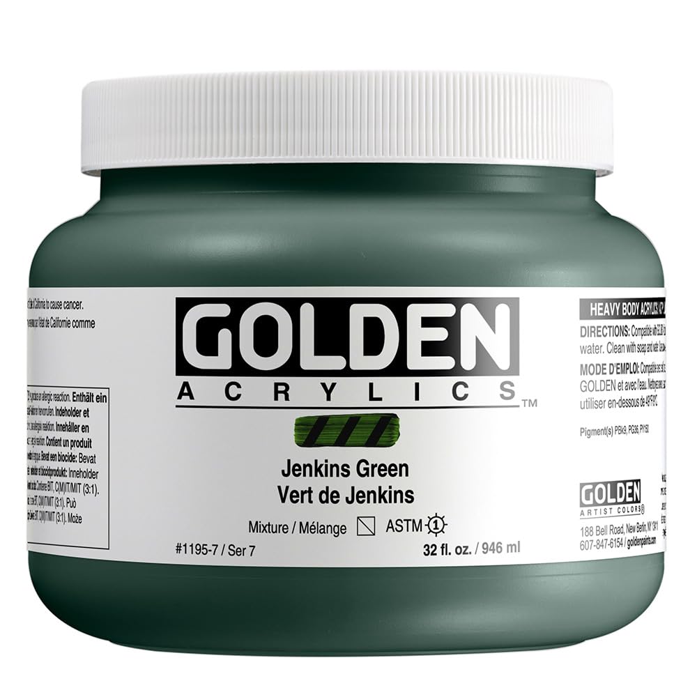 GOLDEN Heavy Body Acrylic Paint - Jenkins Green (32 fl oz Jar) | Professional Semi-Transparent Artist Paint for Canvas, Murals & Mixed Media Art