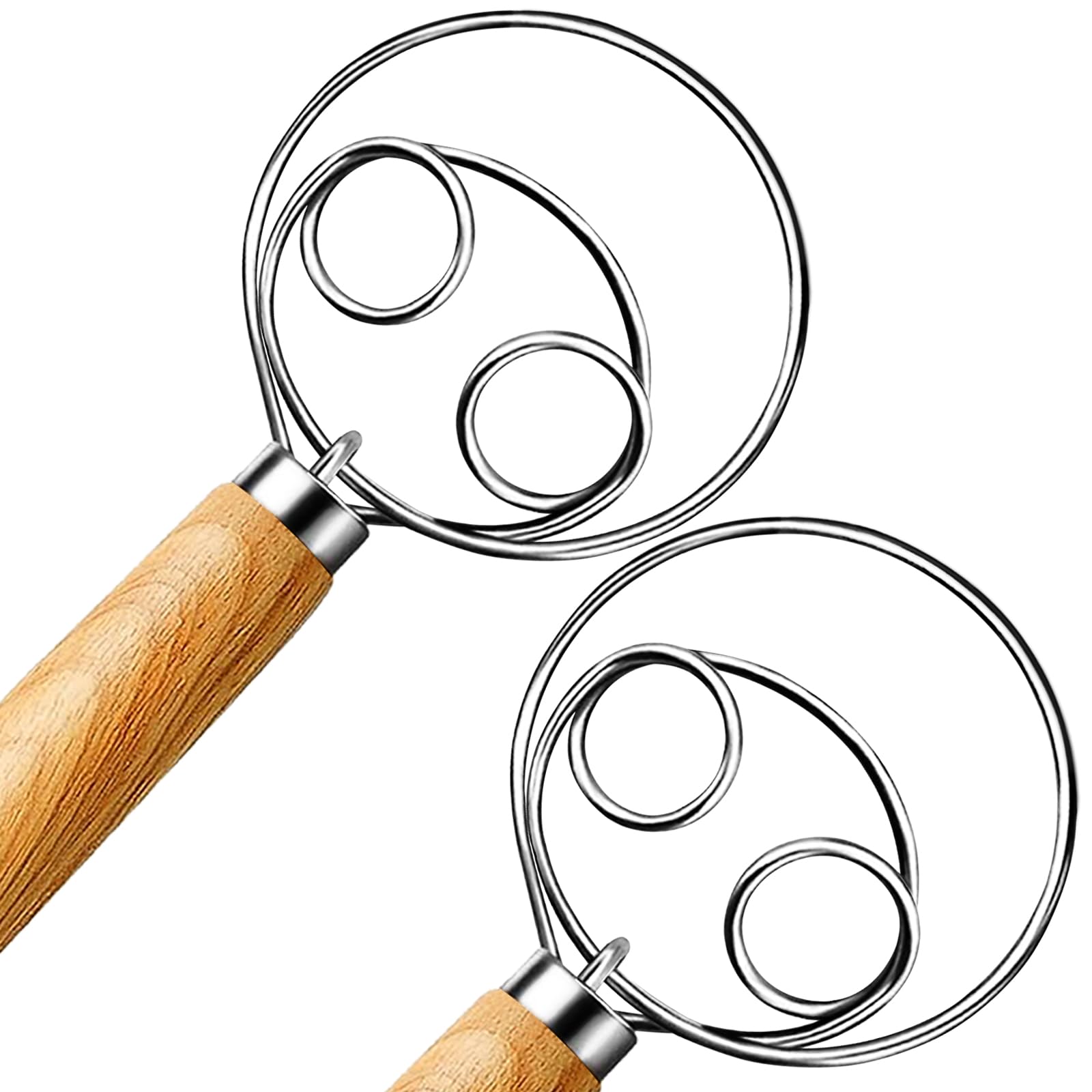 2-Pack Danish Dough Whisk Set - Stainless Steel Bread Mixer with Wooden Handle for Sourdough, Pizza, Pastry & Biscuits - Perfect for Home Bakers & Professional Baking Supplies (Ideal for Bread Making, Cake Mixing & Dough Preparation)