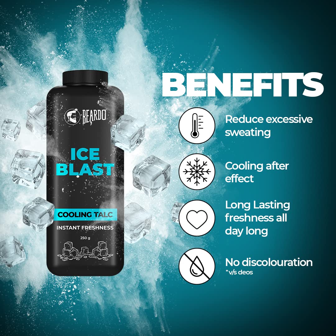 Beardo Ice Blast Cooling Talcum Powder for Men - 250g | Menthol Infused Instant Cooling Body Powder with Aloe Vera & Vitamin E | Perfect for Gym, Travel & Hot Weather Relief