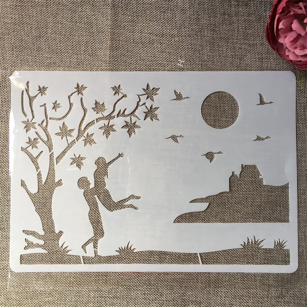 Reusable A4 29cm Maple Leaf Lakeside Painting Stencils for DIY Scrapbooking, Furniture, Wall & Floor Decor - Perfect for Home Crafts, Wedding Invitations, and Seasonal Decorations