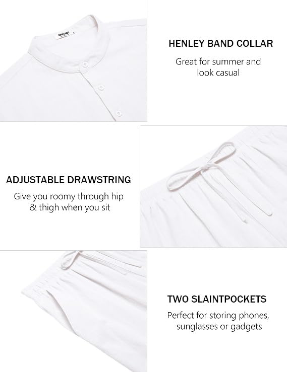 COOFANDY Men's 2-Piece Cotton Lounge Set - Short Sleeve Henley Shirt & Drawstring Beach Pants with Pockets | Breathable Summer Outfit for Vacation, Casual Wear & Beach Relaxation