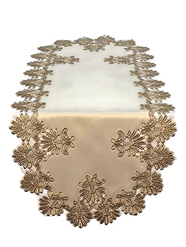 Vintage Gold Lace and Ivory Fabric Table Runner - 36 x 16 Inch Elegant Doily for Dining Table, Dresser, or Wedding Decor - Perfect for Home Decor and Special Occasions